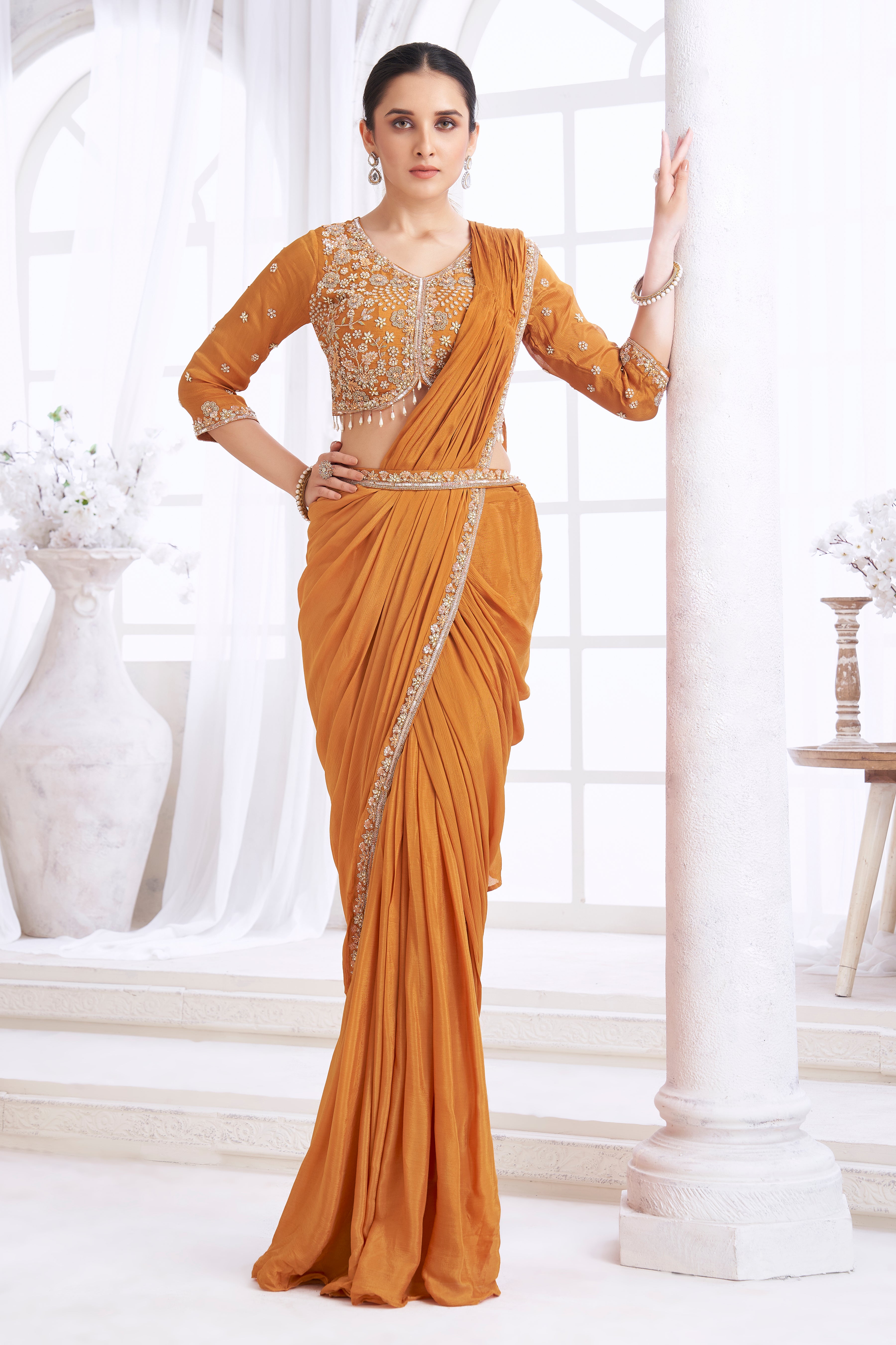 Deep Turmeric Embellished Crepe Silk Drape Saree