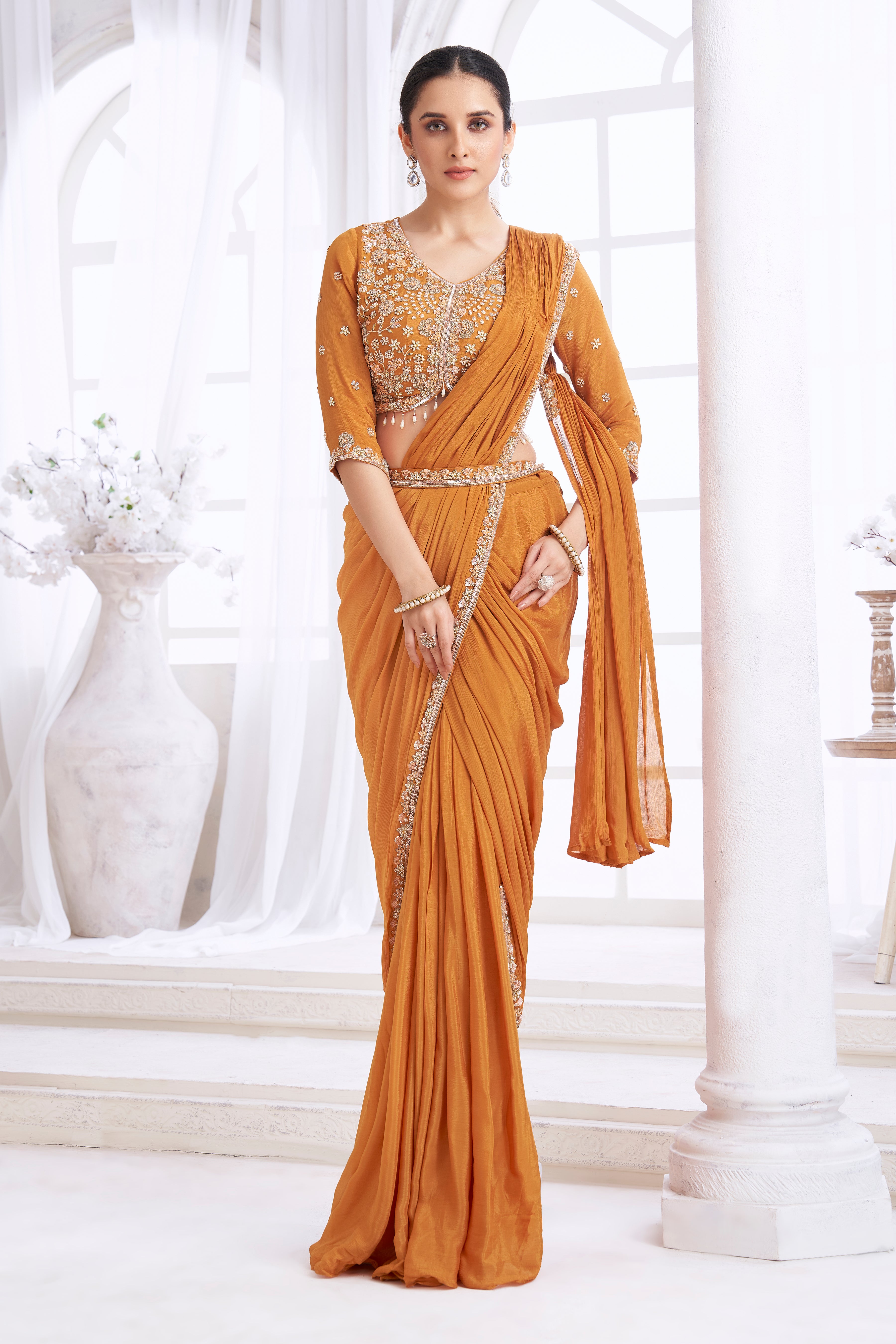 Deep Turmeric Embellished Crepe Silk Drape Saree