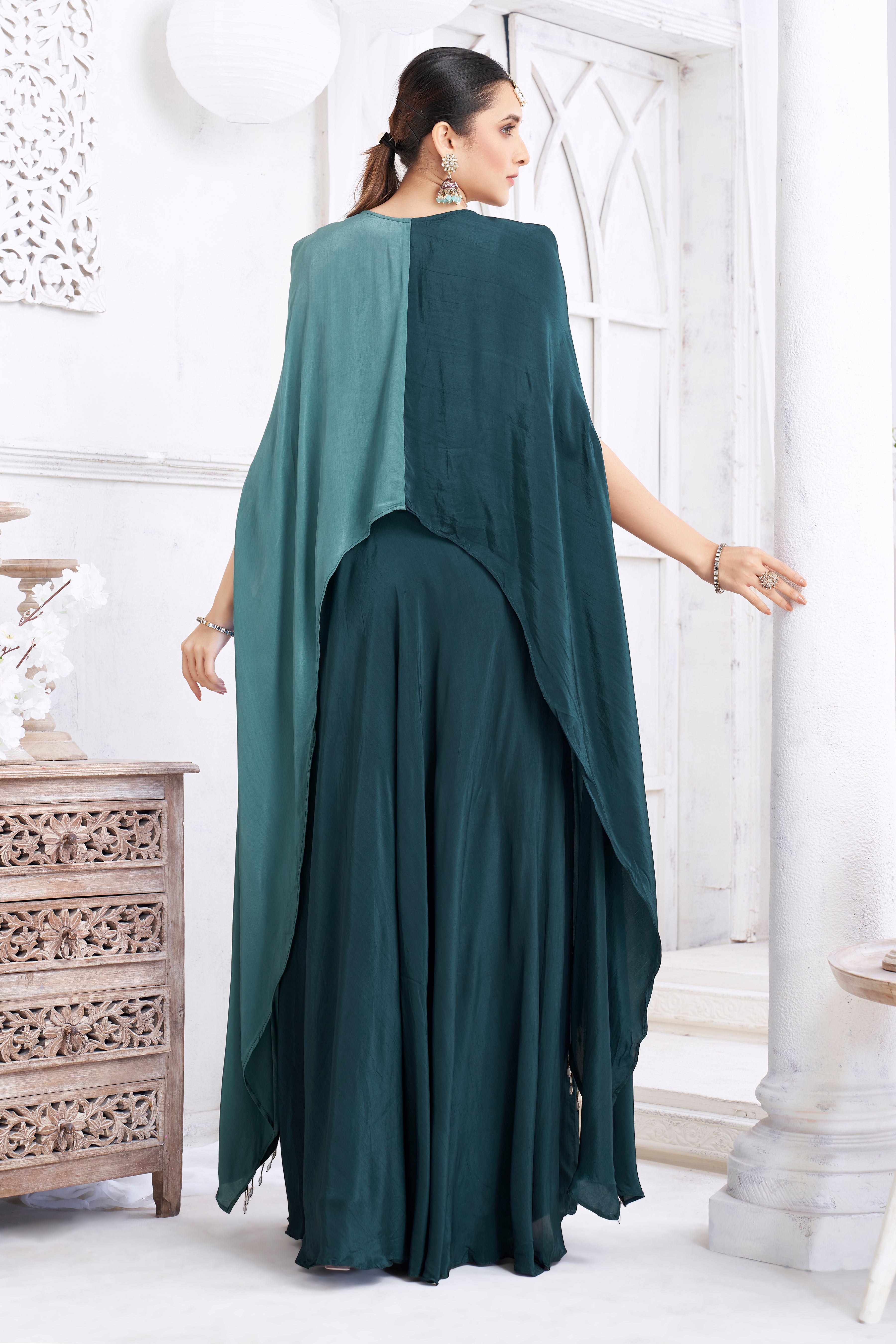 Teal Embellished Crepe Silk Kaftan Set