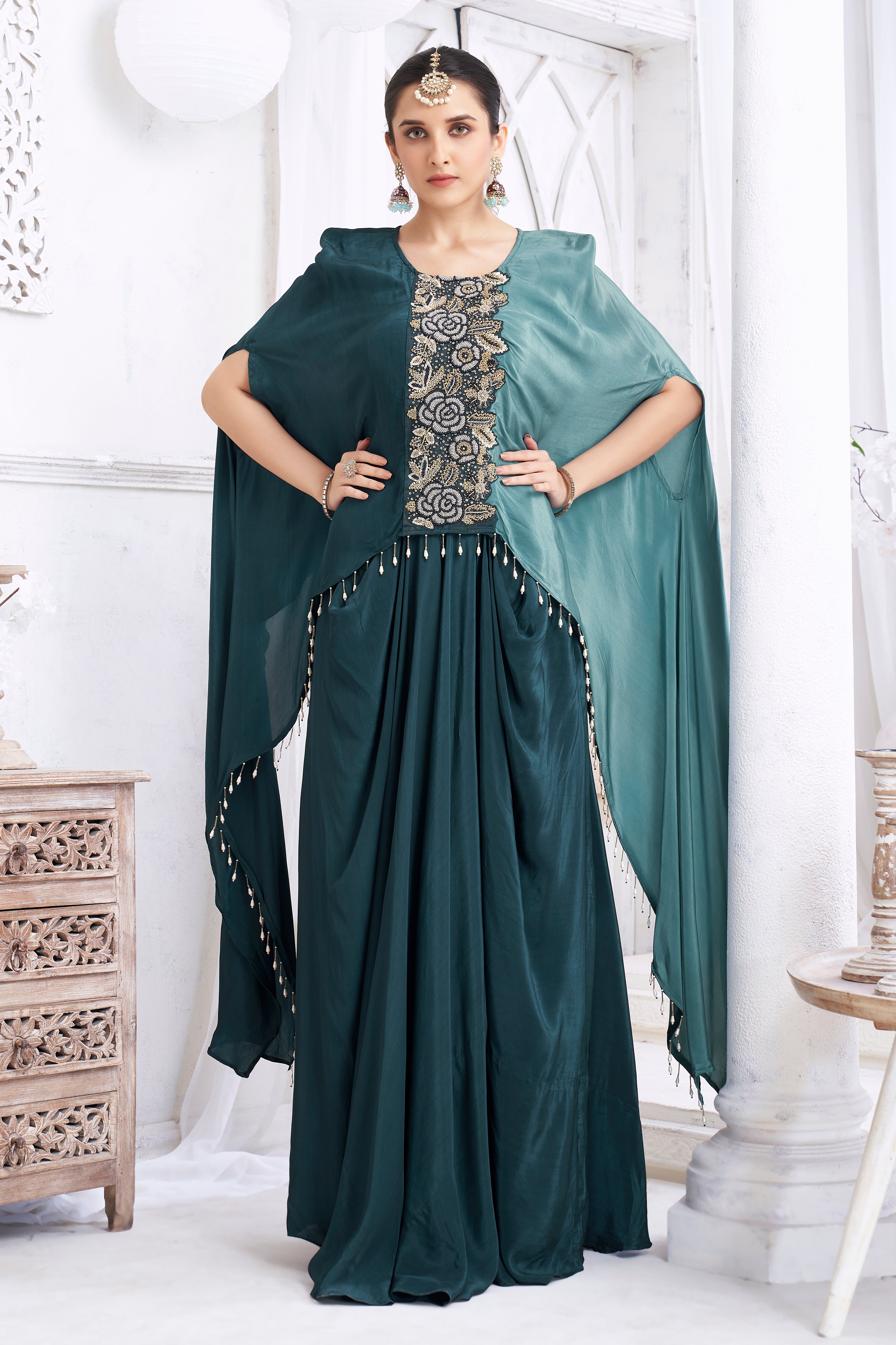 Teal Embellished Crepe Silk Kaftan Set