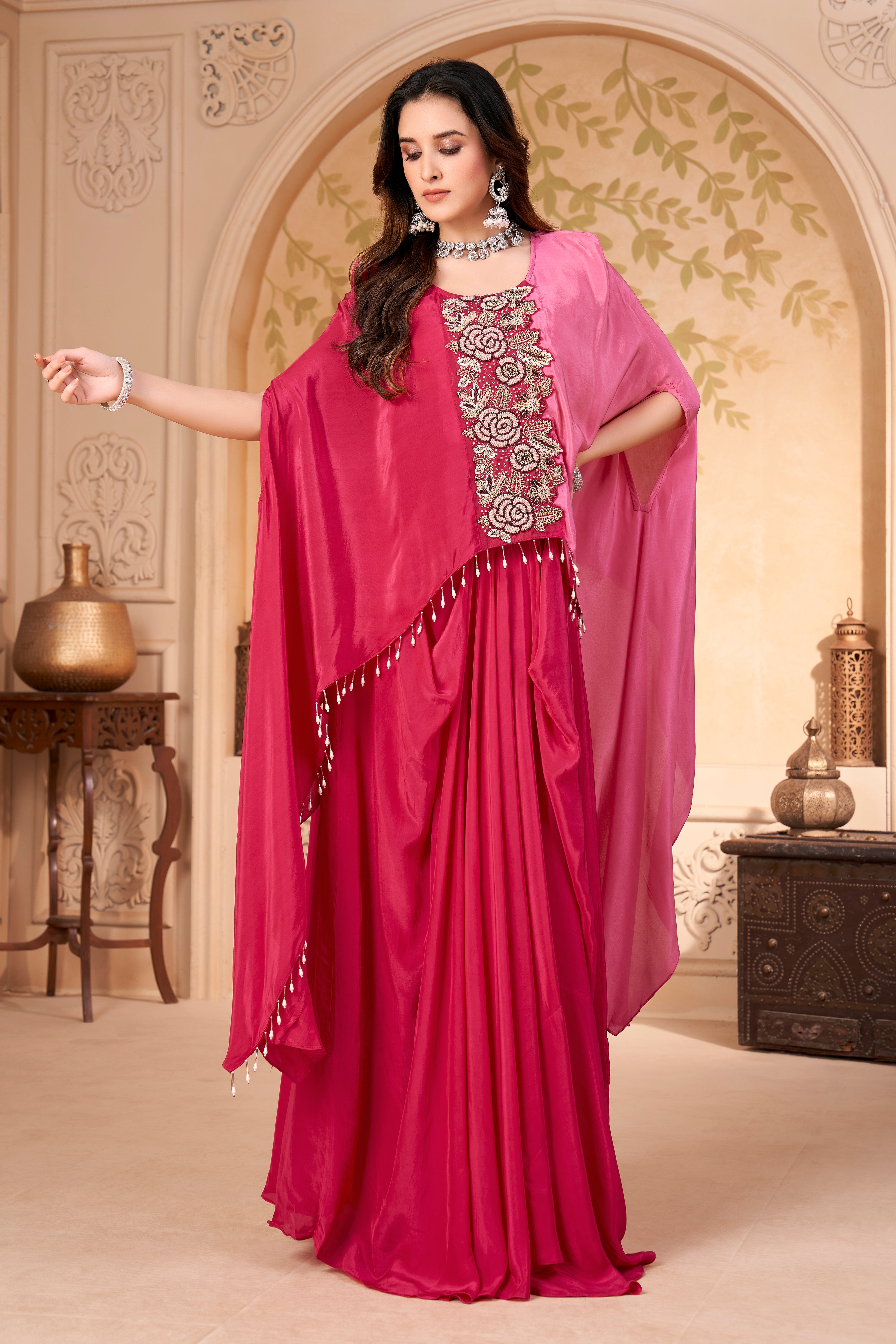 Cerise Embellished Crepe Silk Kaftan Set
