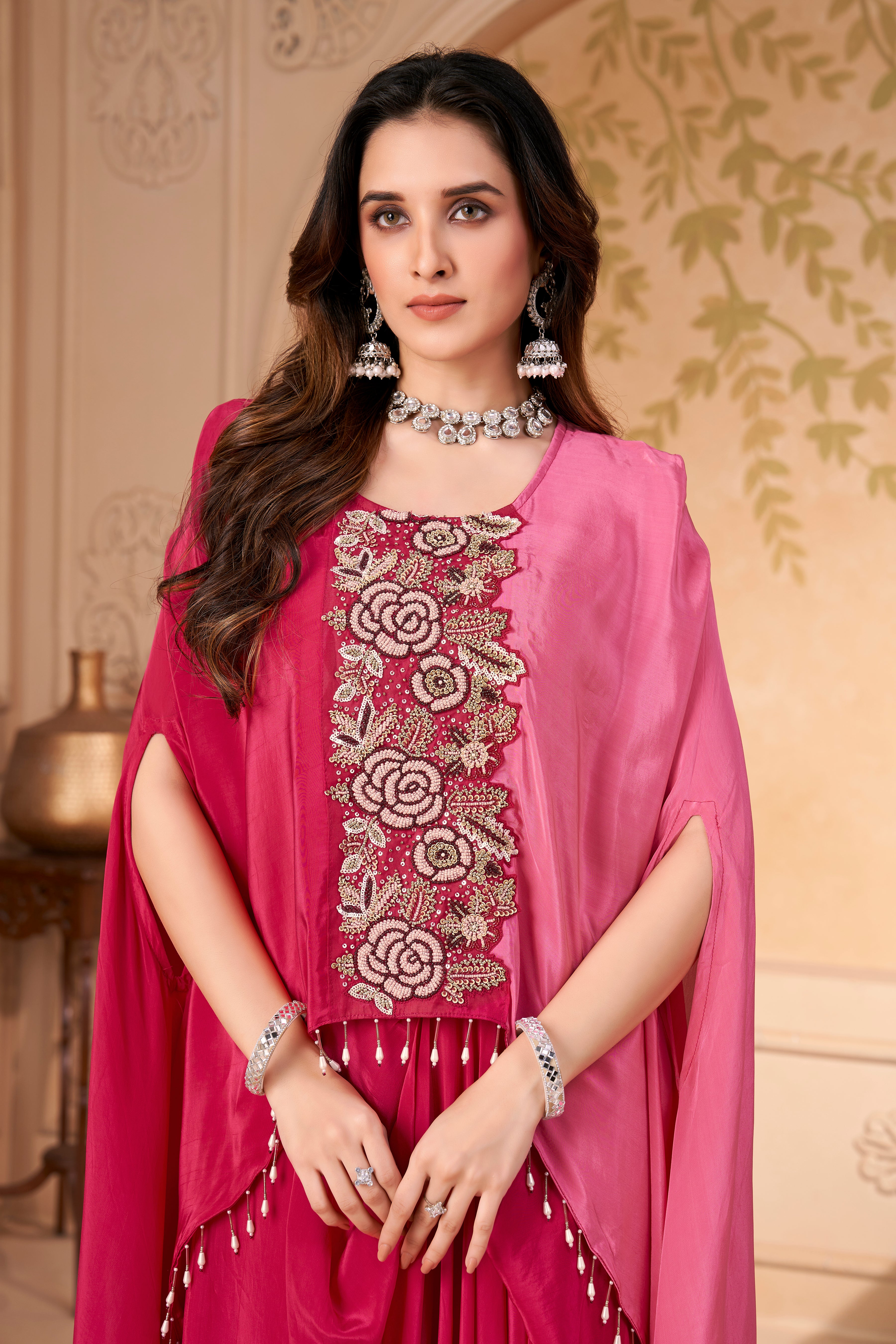 Cerise Embellished Crepe Silk Kaftan Set