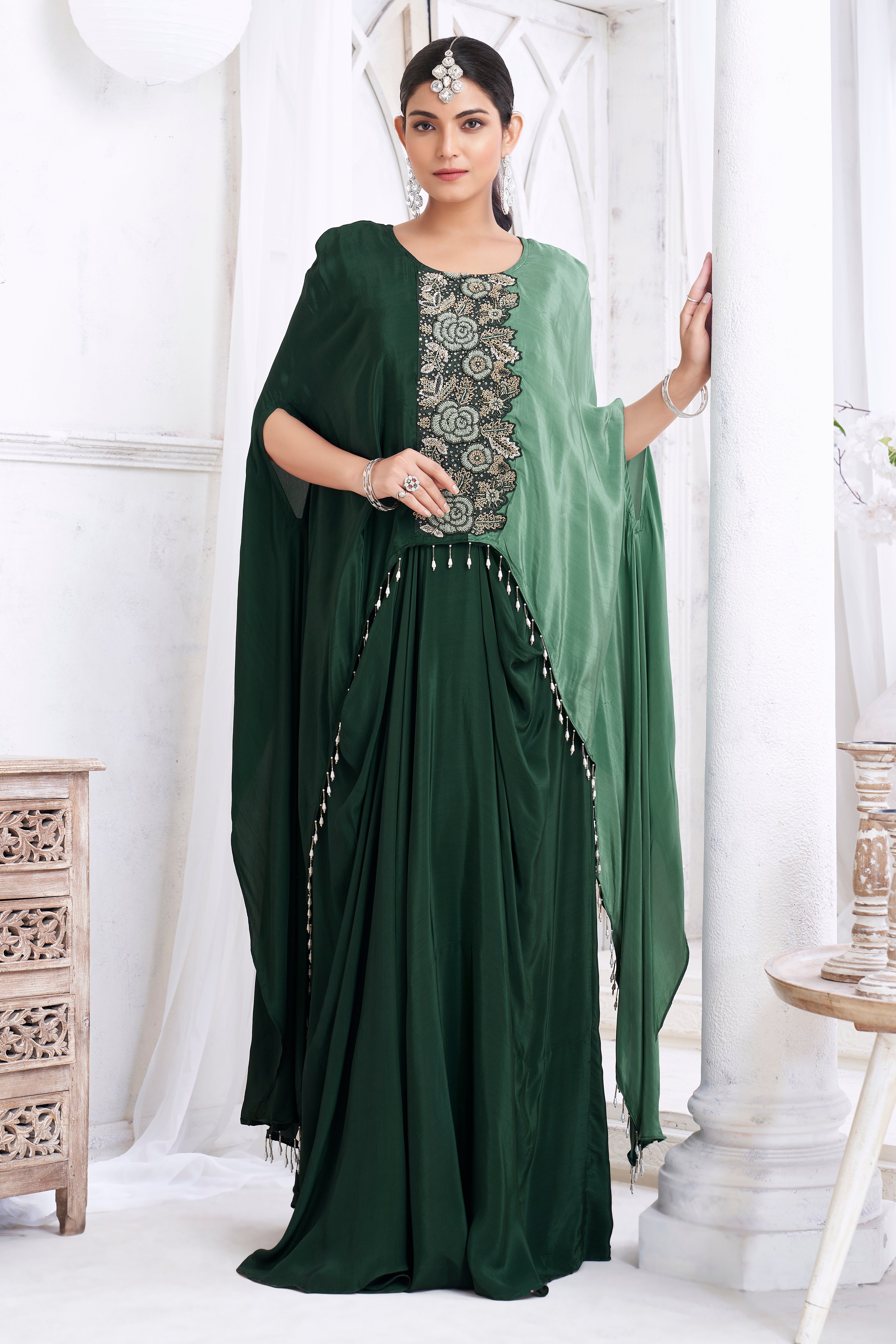 Forest Green Embellished Crepe Silk Kaftan Set