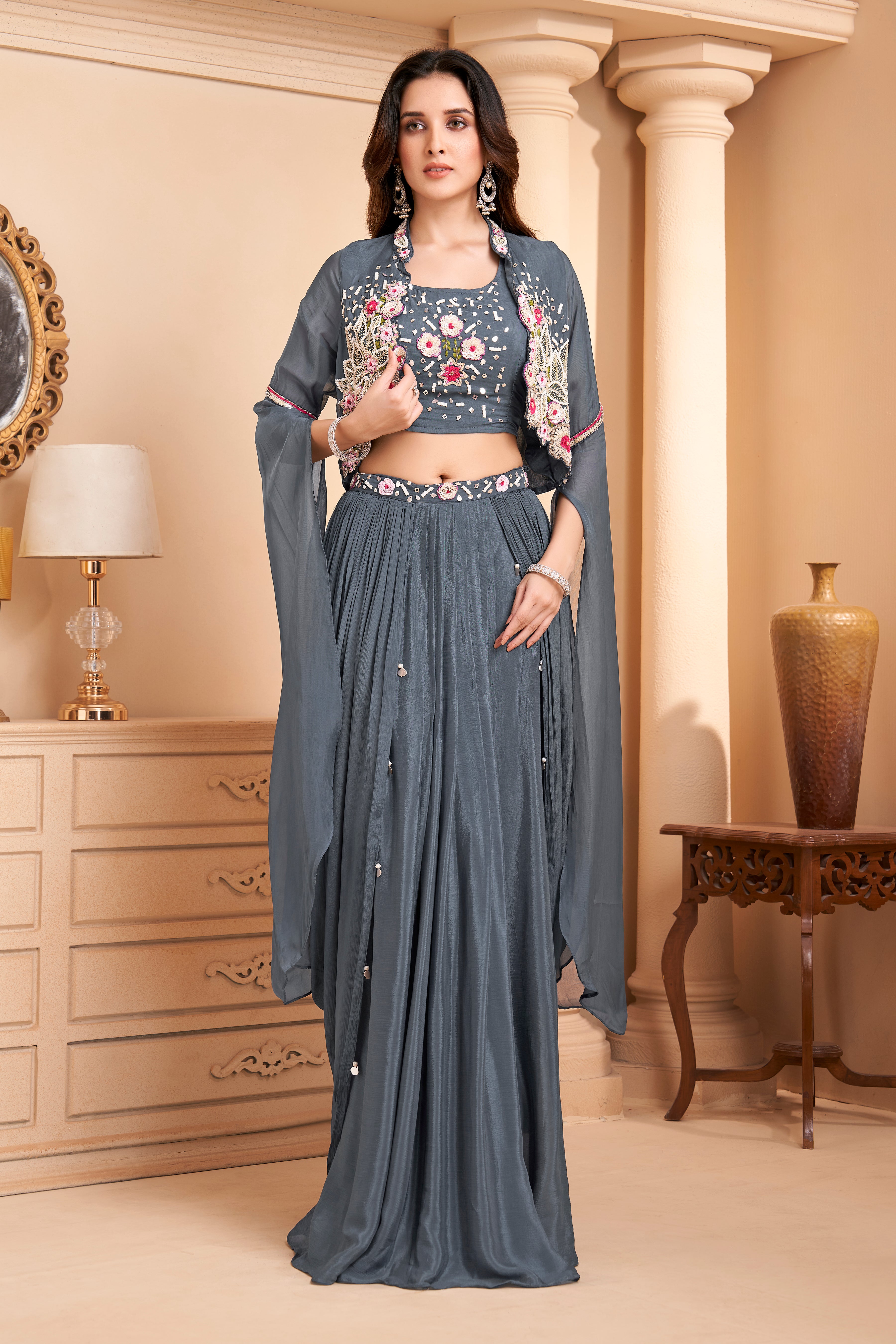 Slate Grey Embellished Crepe Silk Skirt Set