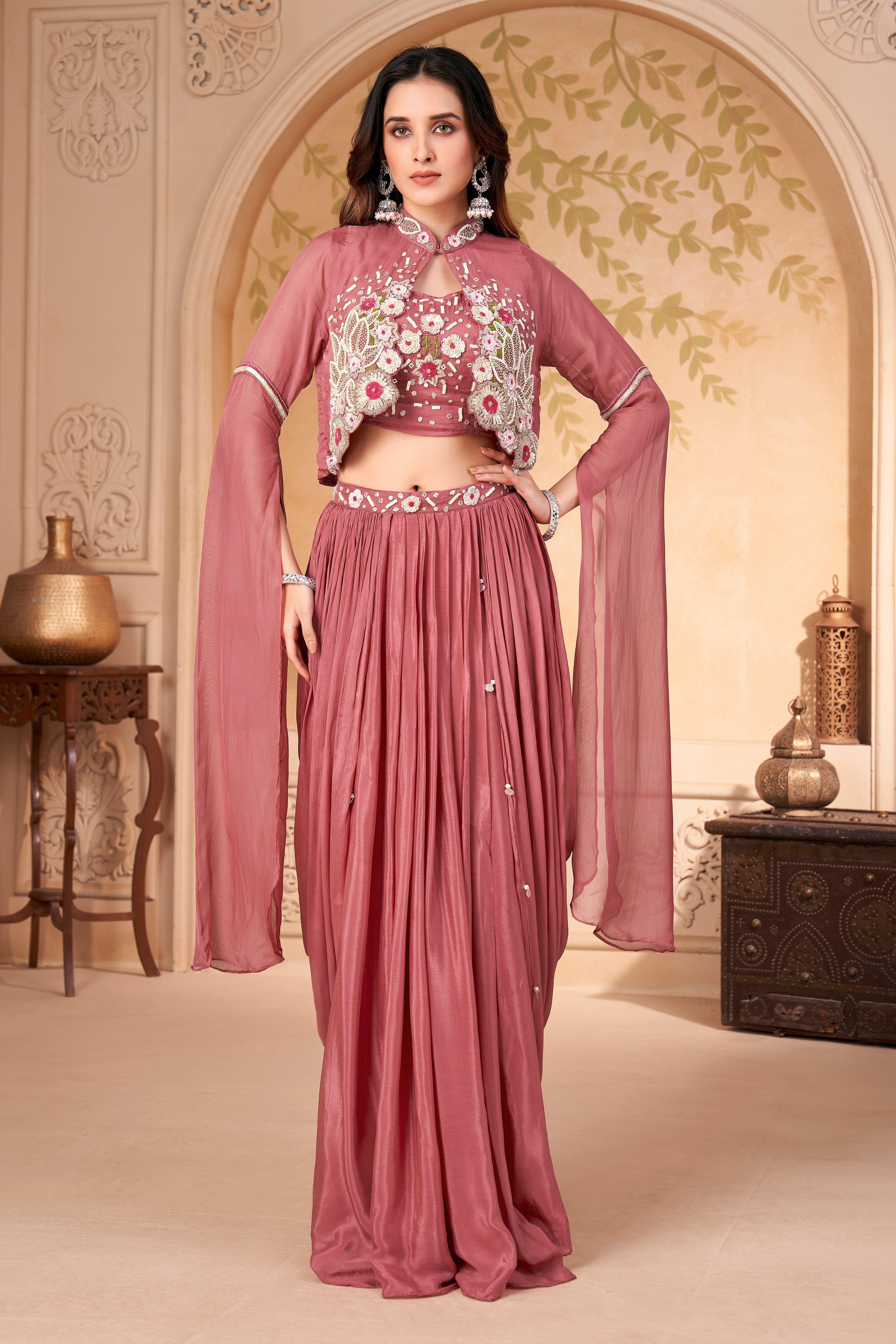 Dusty Rose Embellished Crepe Silk Skirt Set