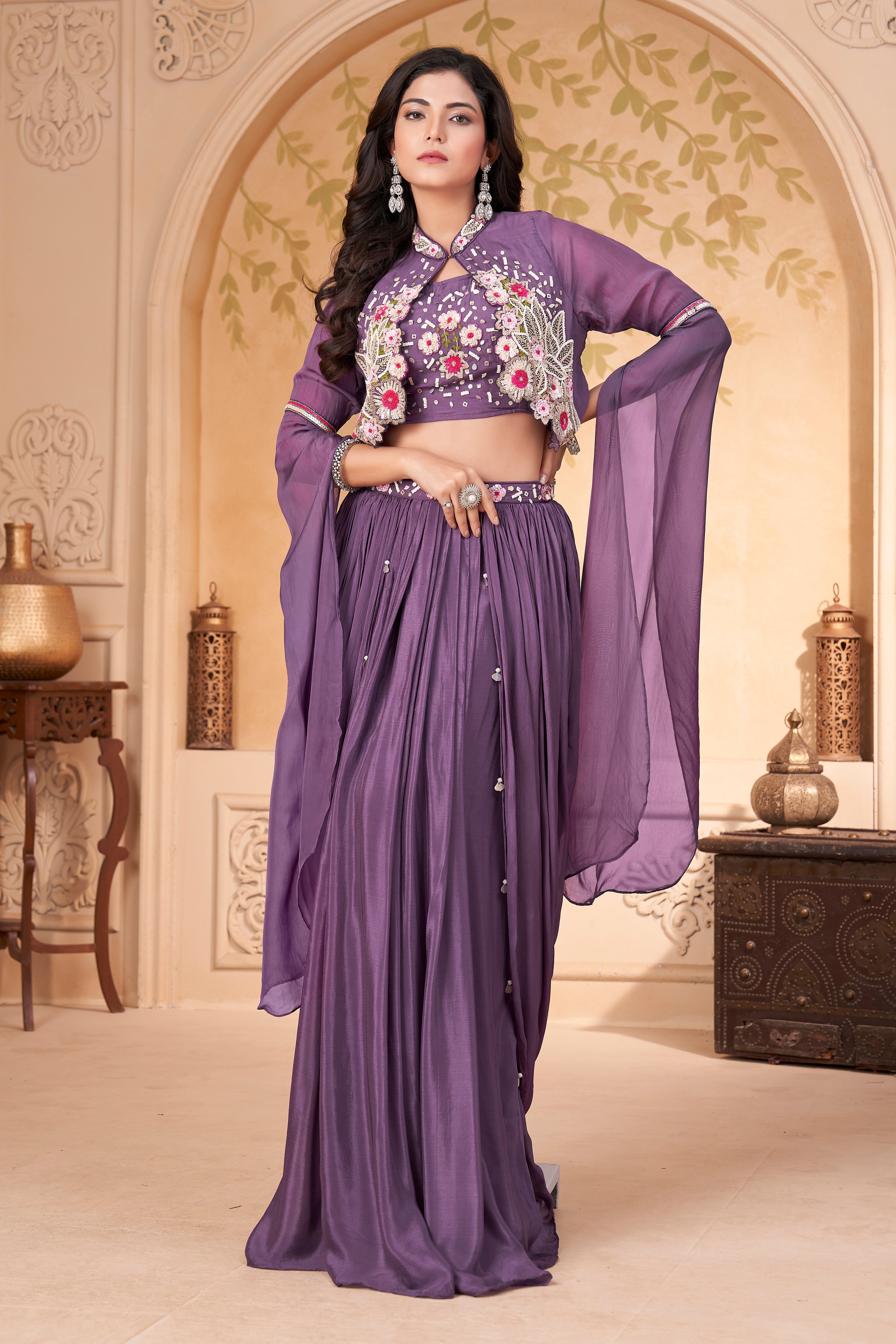 Lavender Embellished Crepe Silk Skirt Set