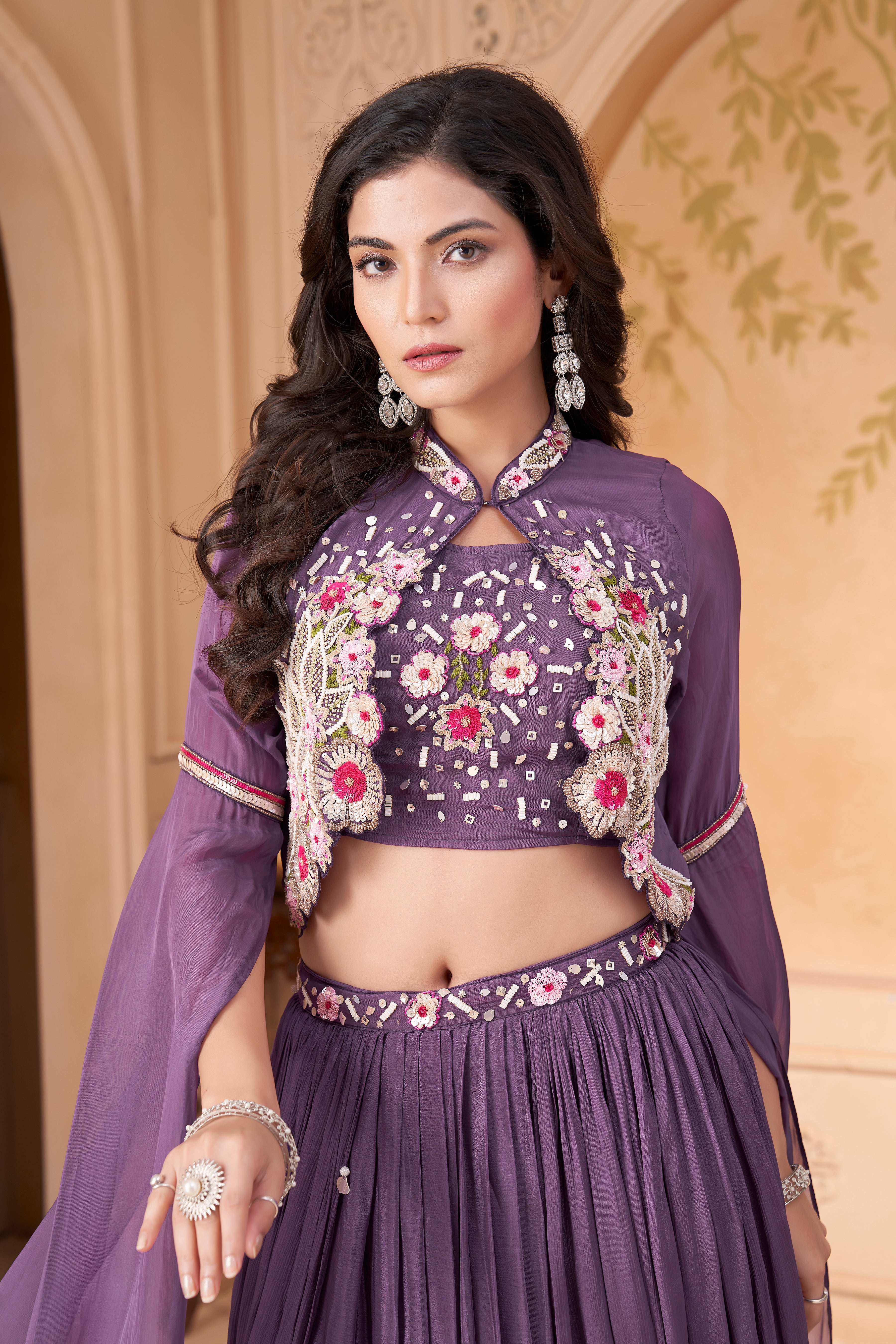 Lavender Embellished Crepe Silk Skirt Set