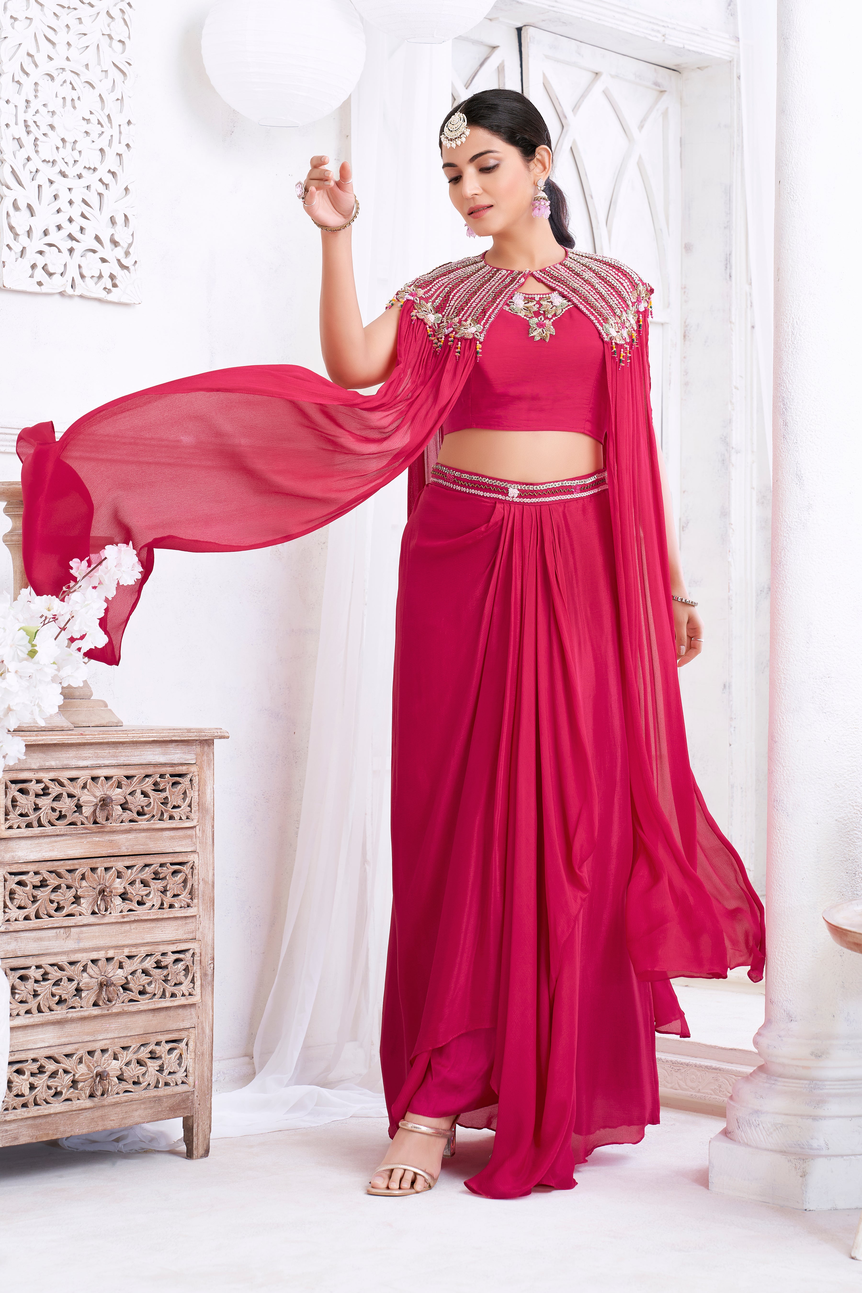 Hot Pink Embellished Chinon Silk Cape Set