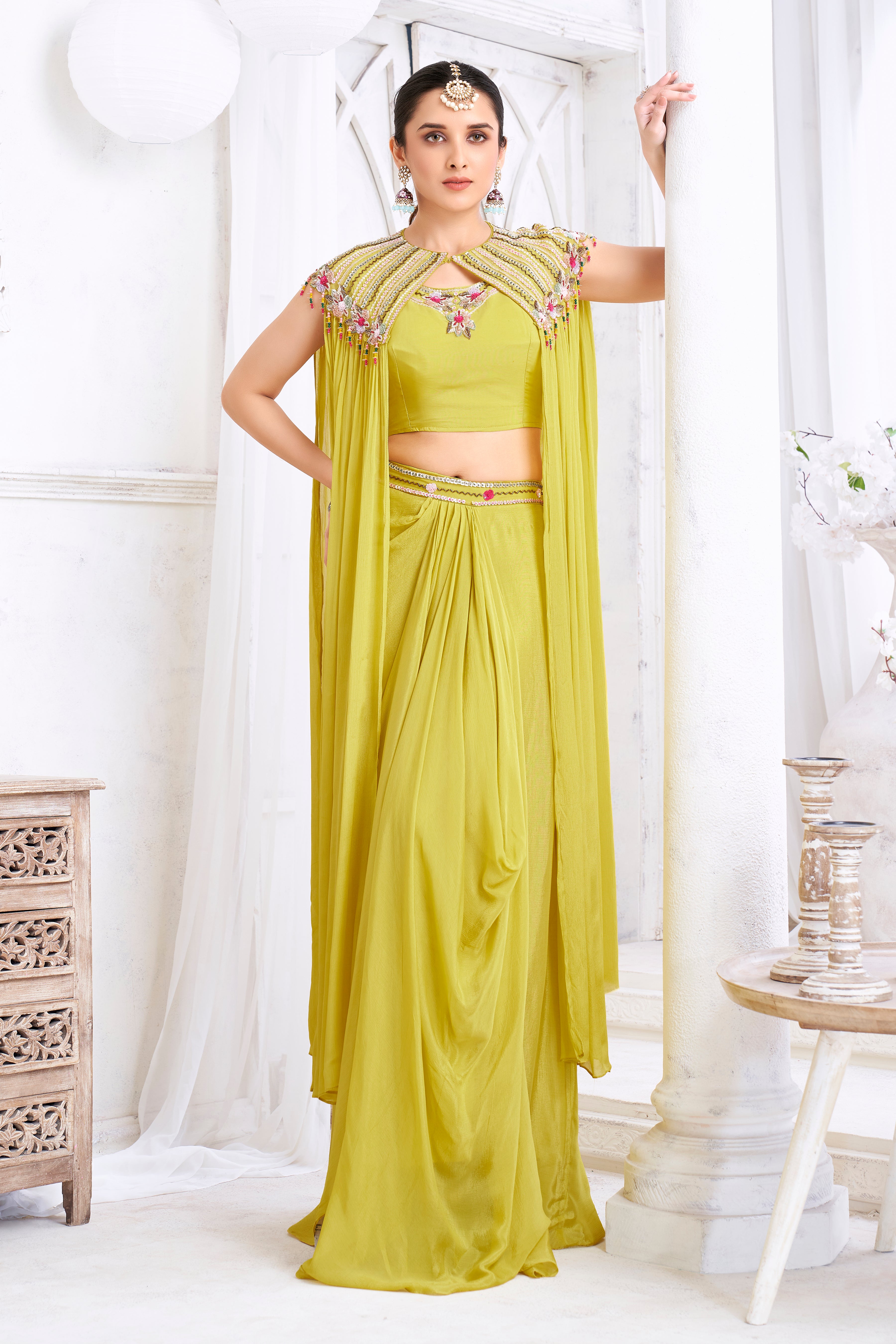 Lime Green Embellished Chinon Silk Cape Set