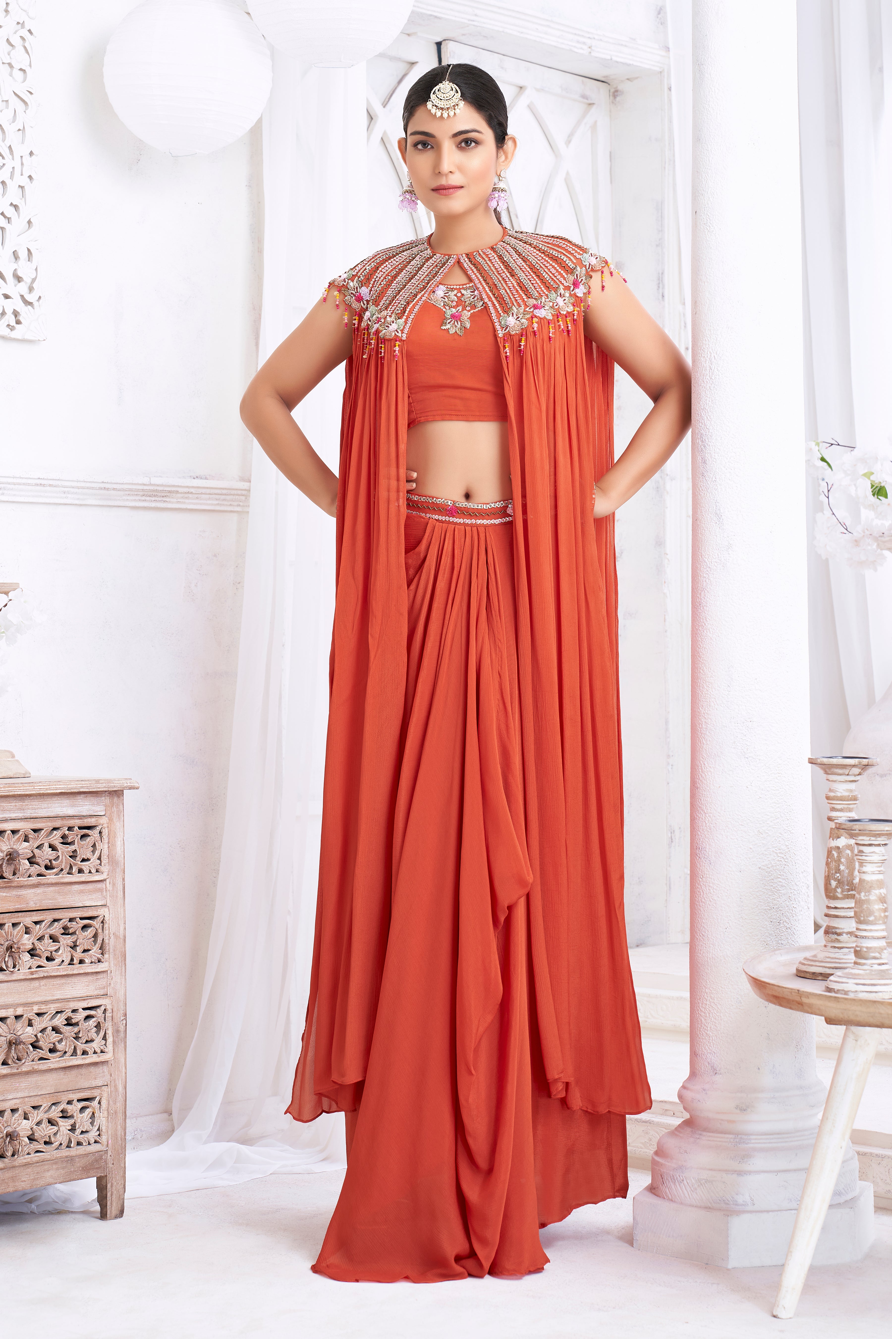 Burnt Orange Embellished Chinon Silk Cape Set