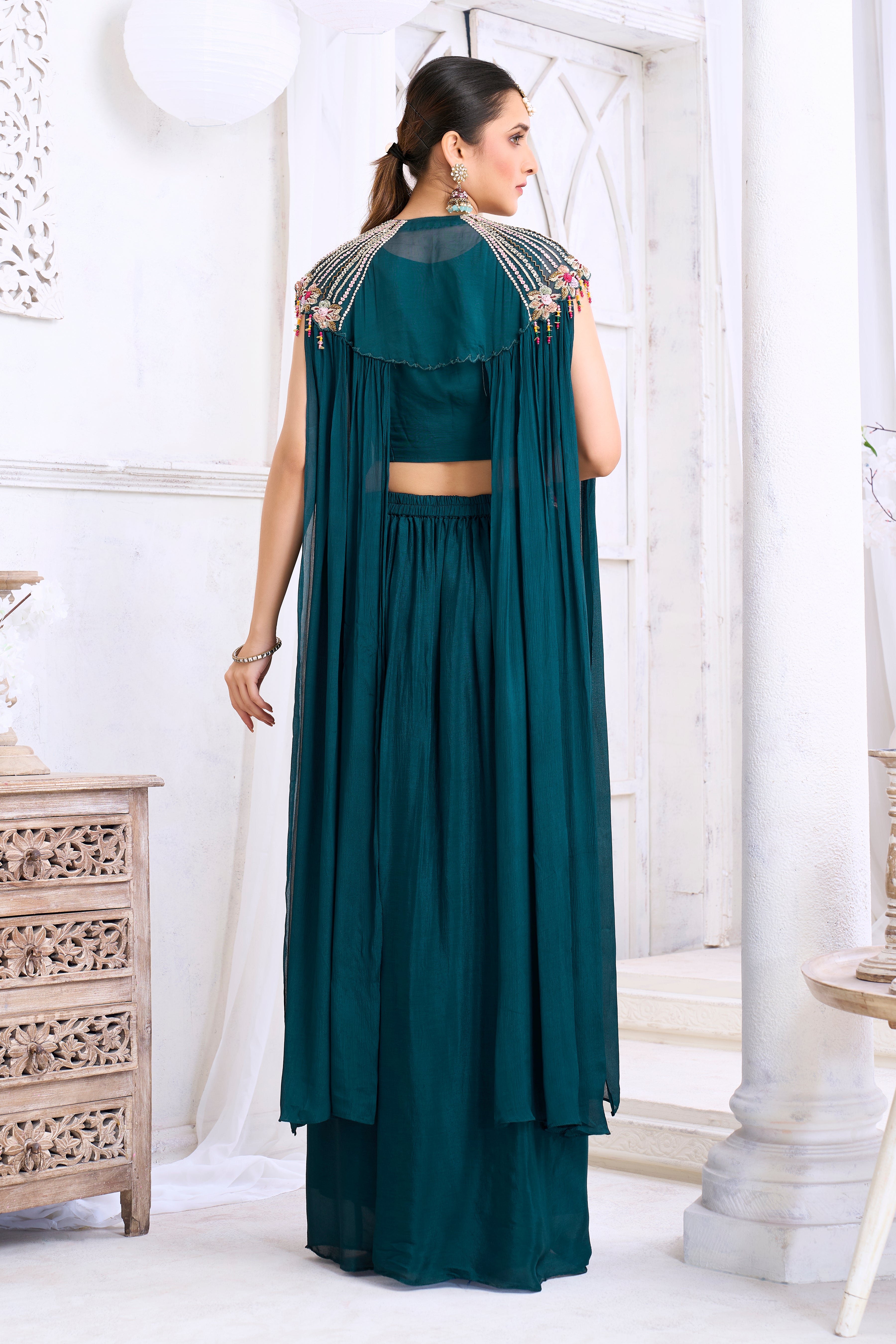 Deep Teal Embellished Chinon Silk Cape Set