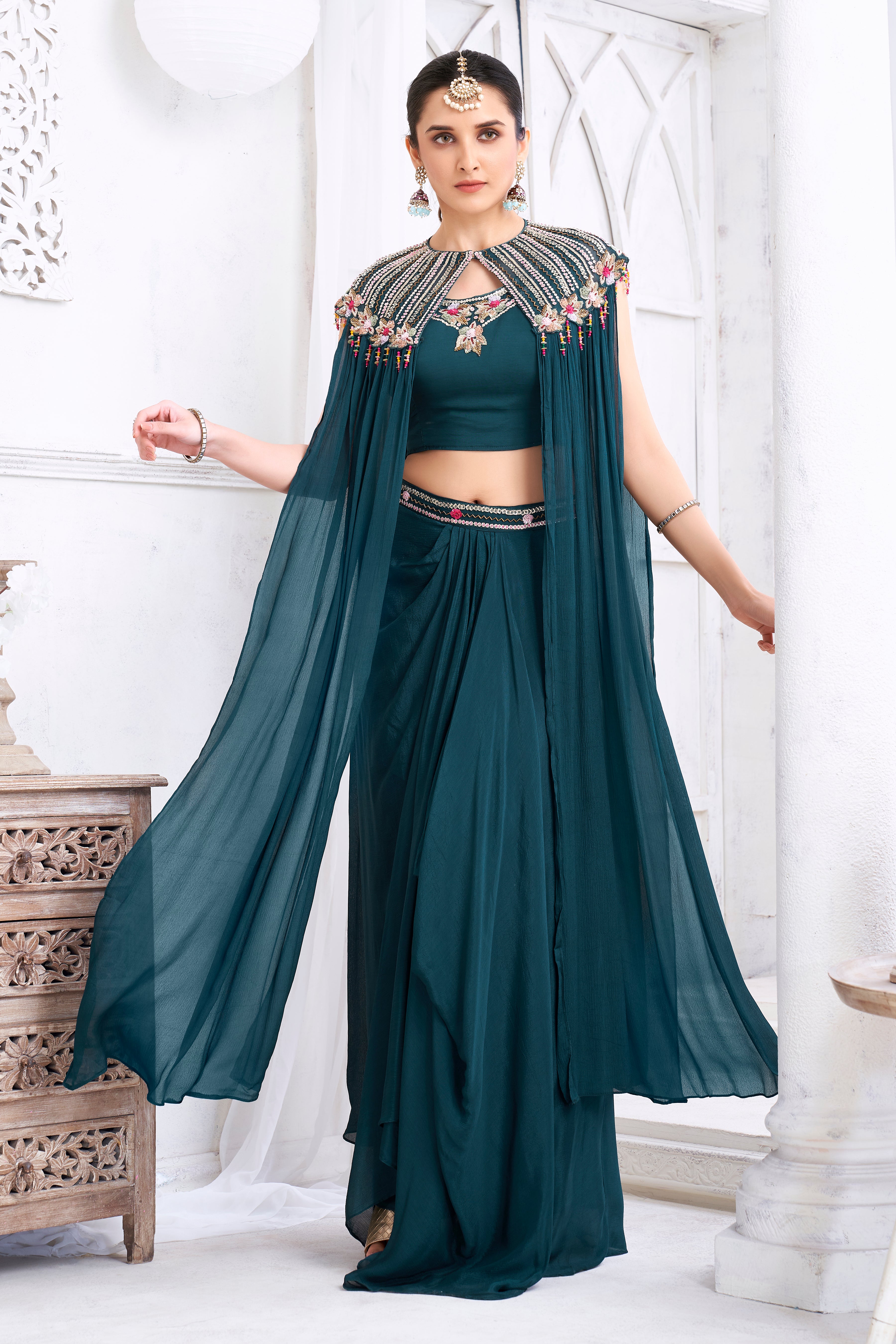 Deep Teal Embellished Chinon Silk Cape Set
