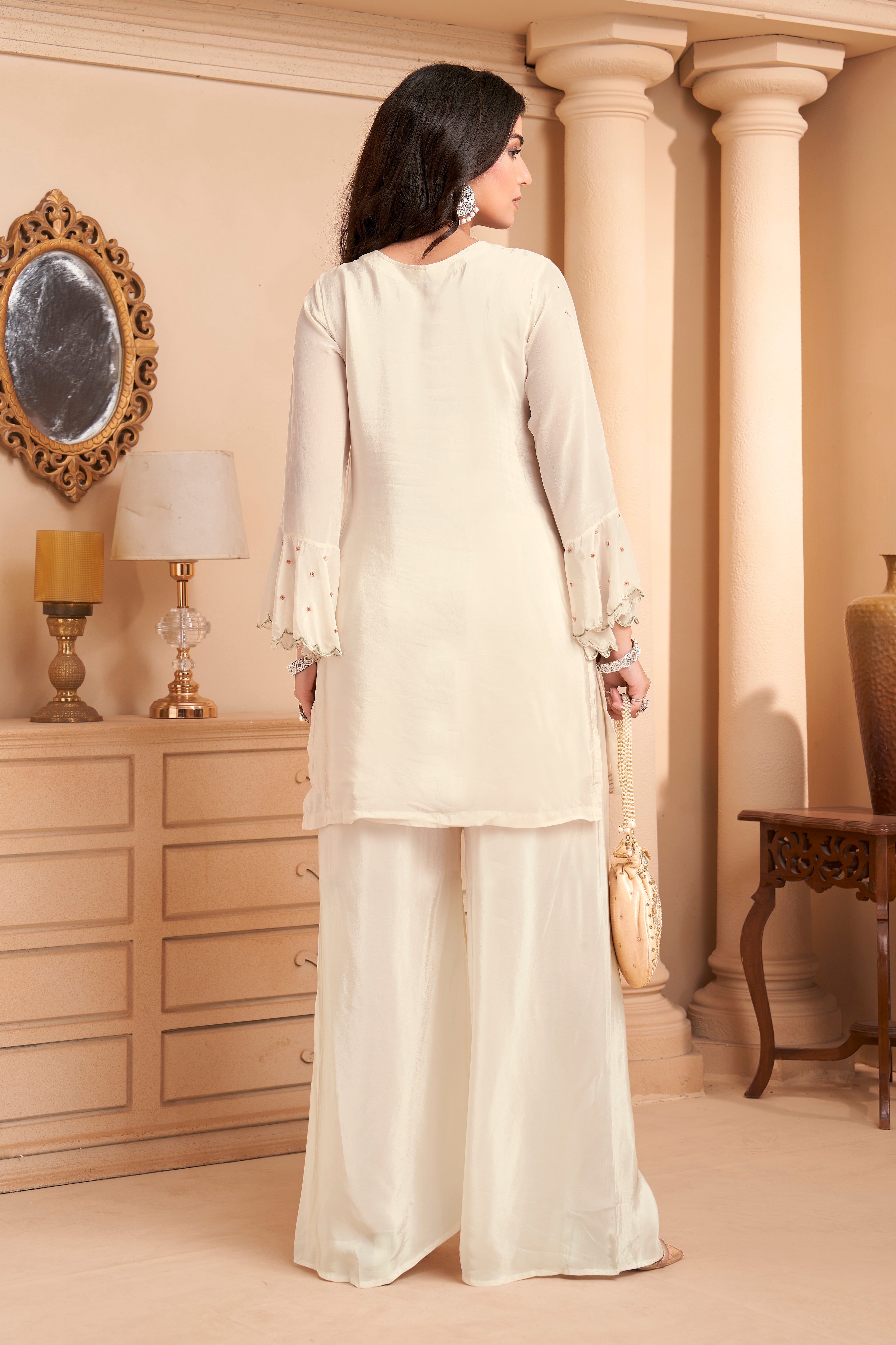 Ivory Embellished Crepe Silk Palazzo Set