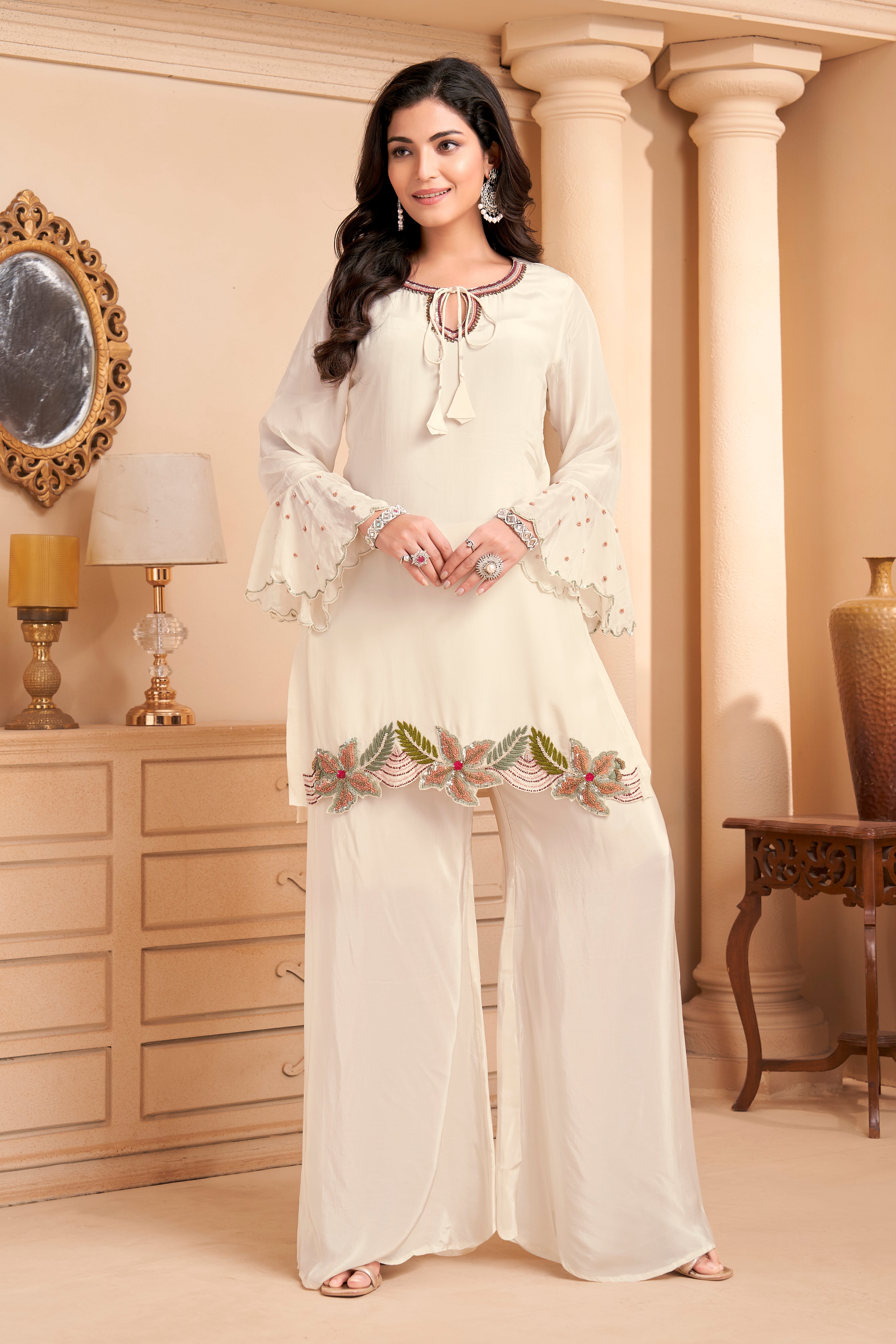Ivory Embellished Crepe Silk Palazzo Set