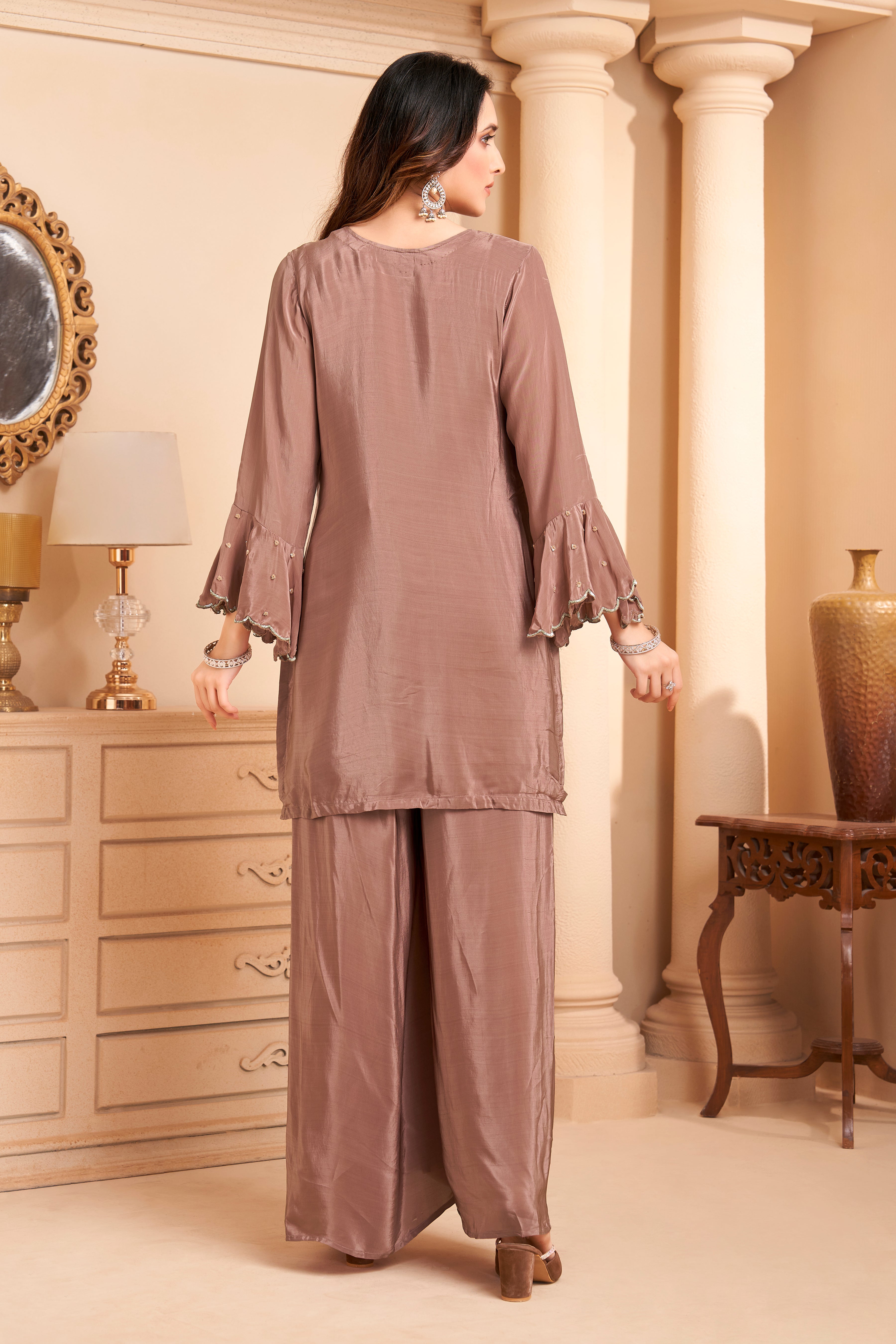 Dusty Mauve Embellished Crepe Silk Palazzo Set