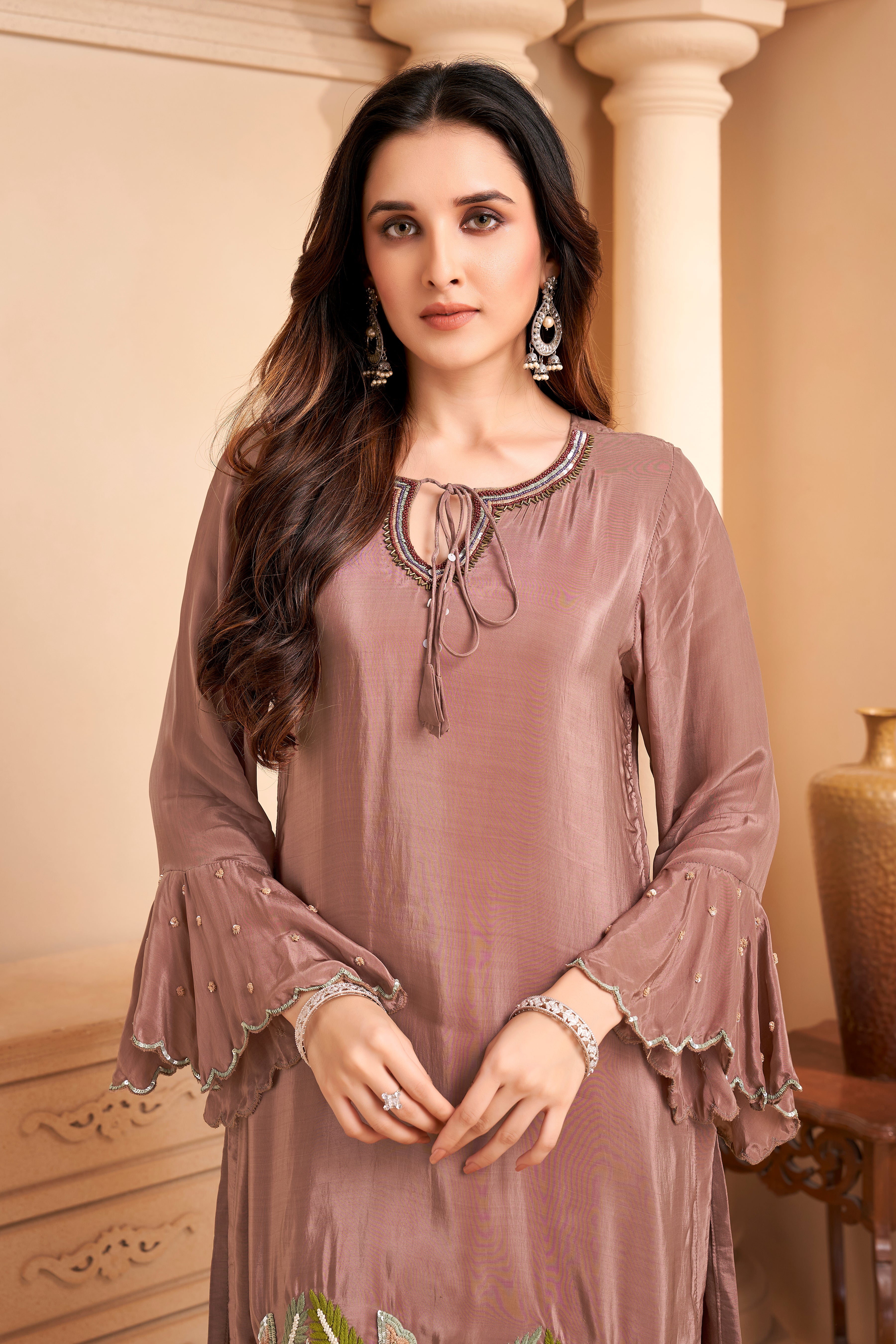 Dusty Mauve Embellished Crepe Silk Palazzo Set