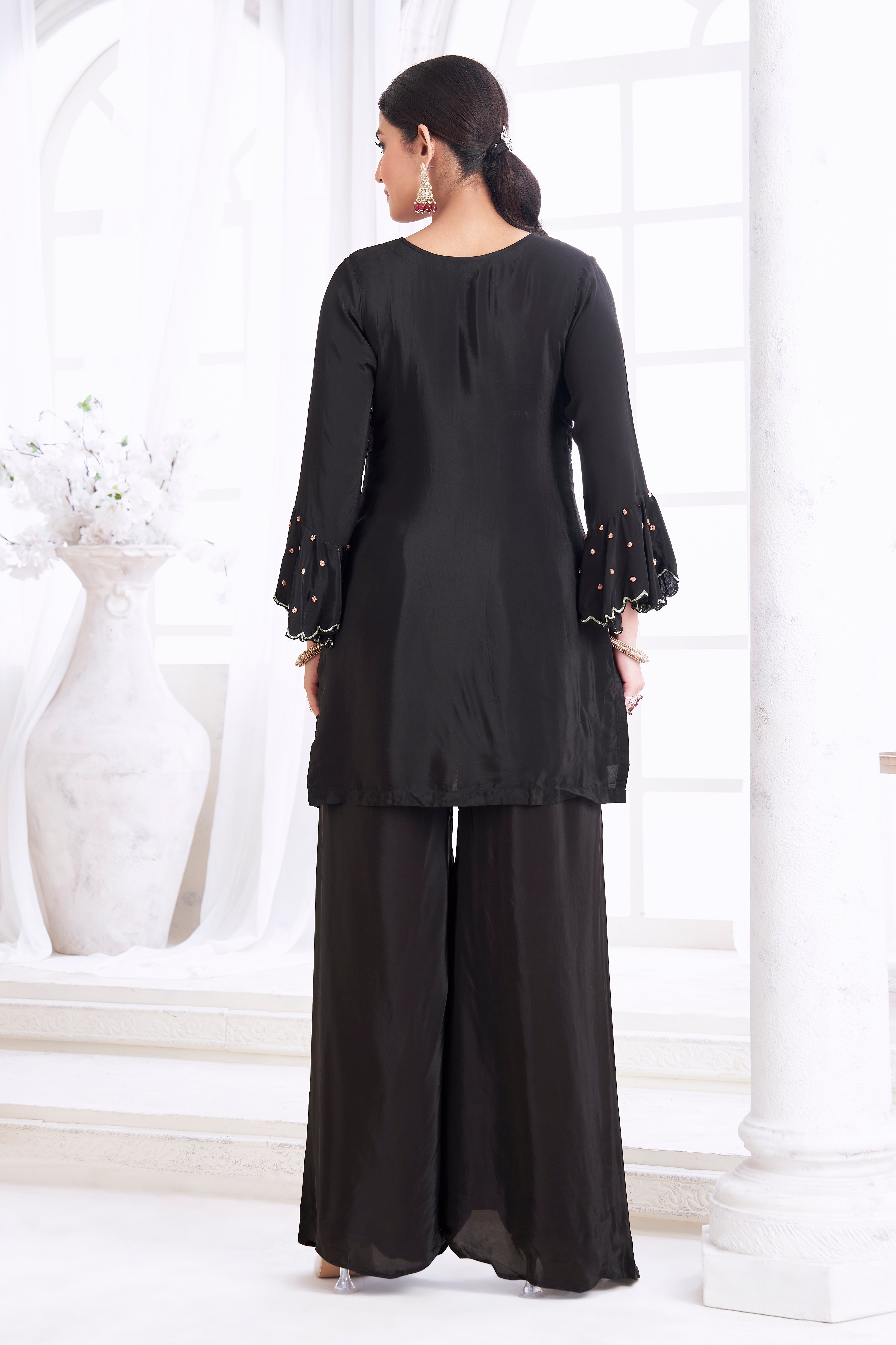 Black Embellished Crepe Silk Palazzo Set