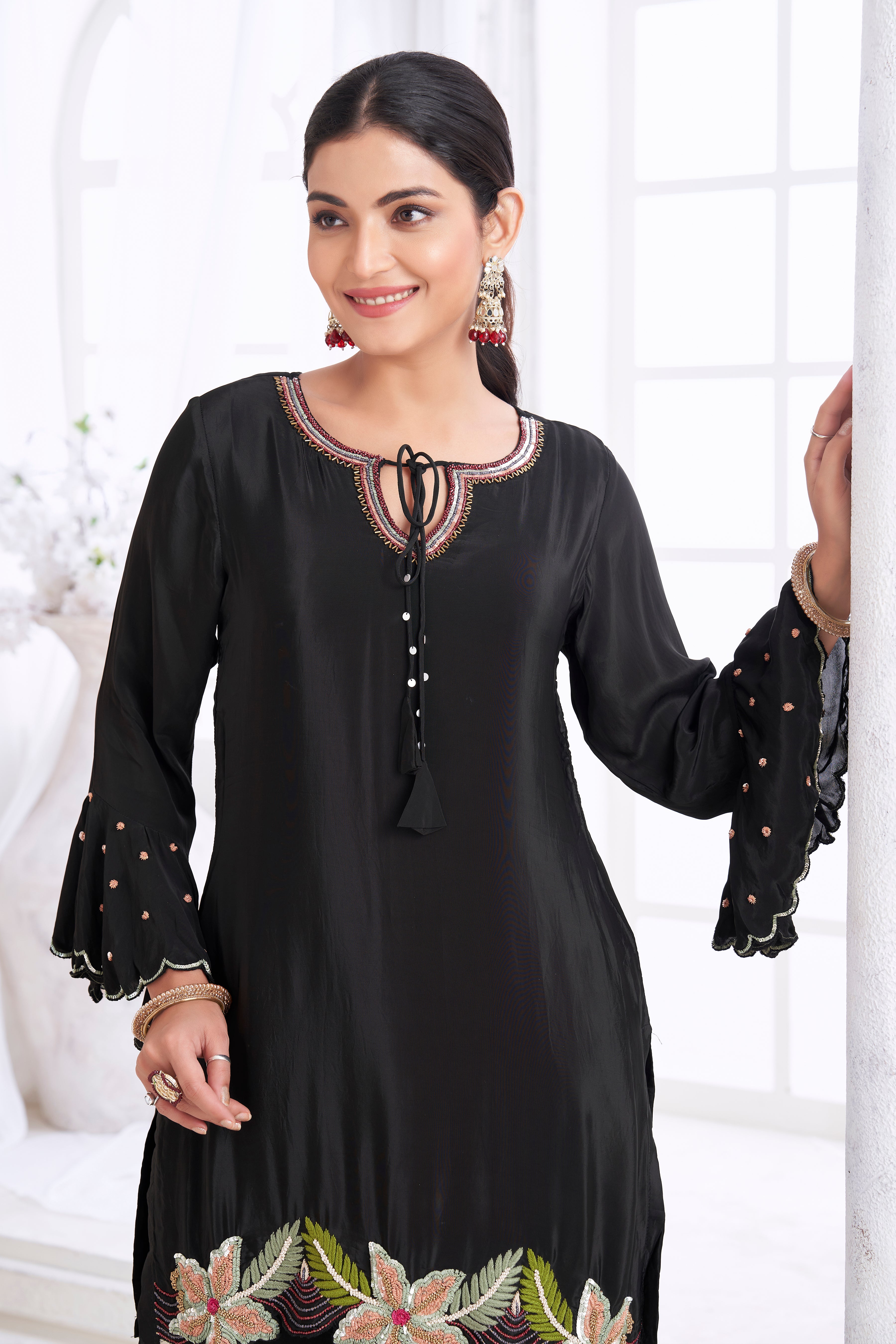 Black Embellished Crepe Silk Palazzo Set