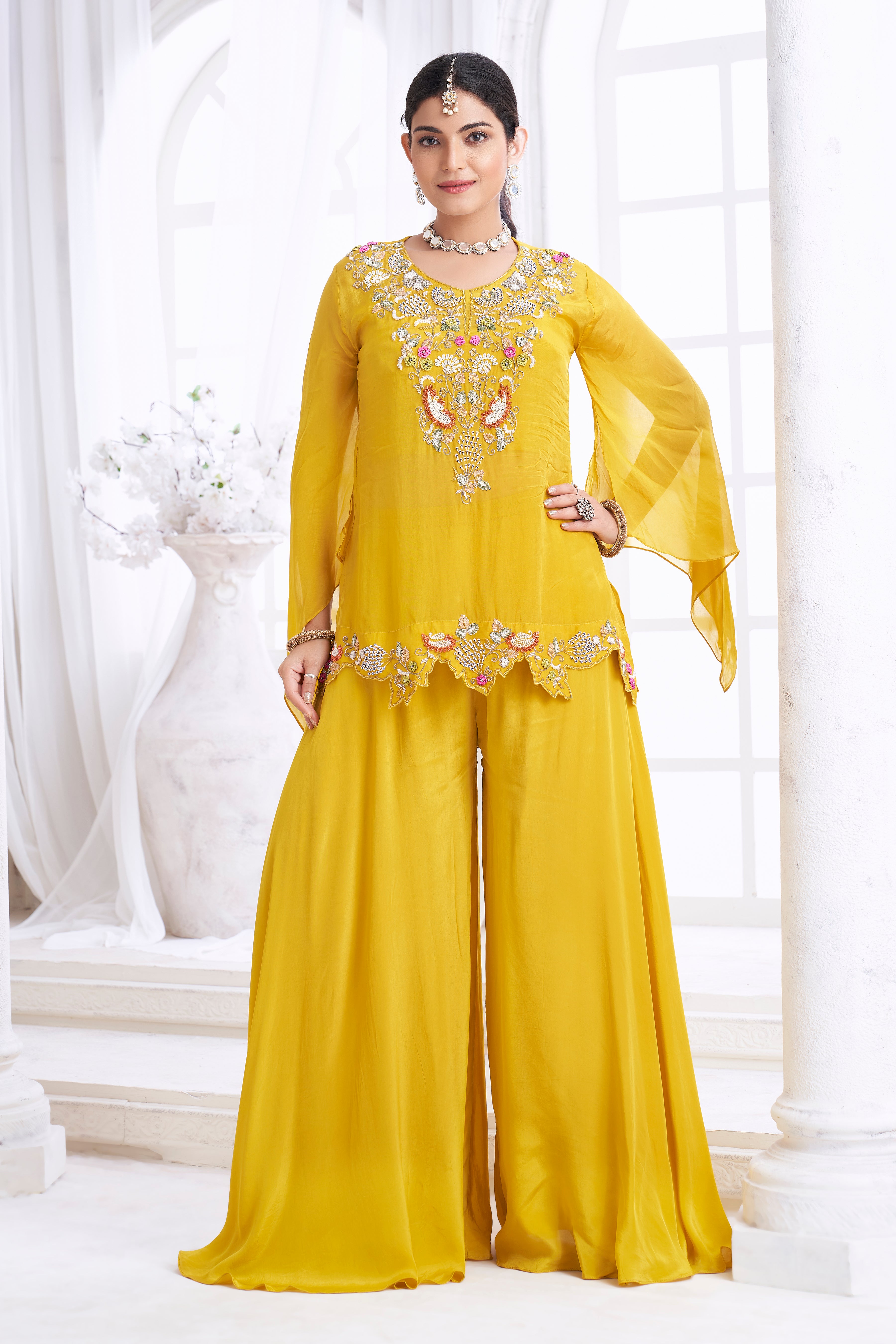 Bright Yellow Embellished Organza Silk Palazzo Set