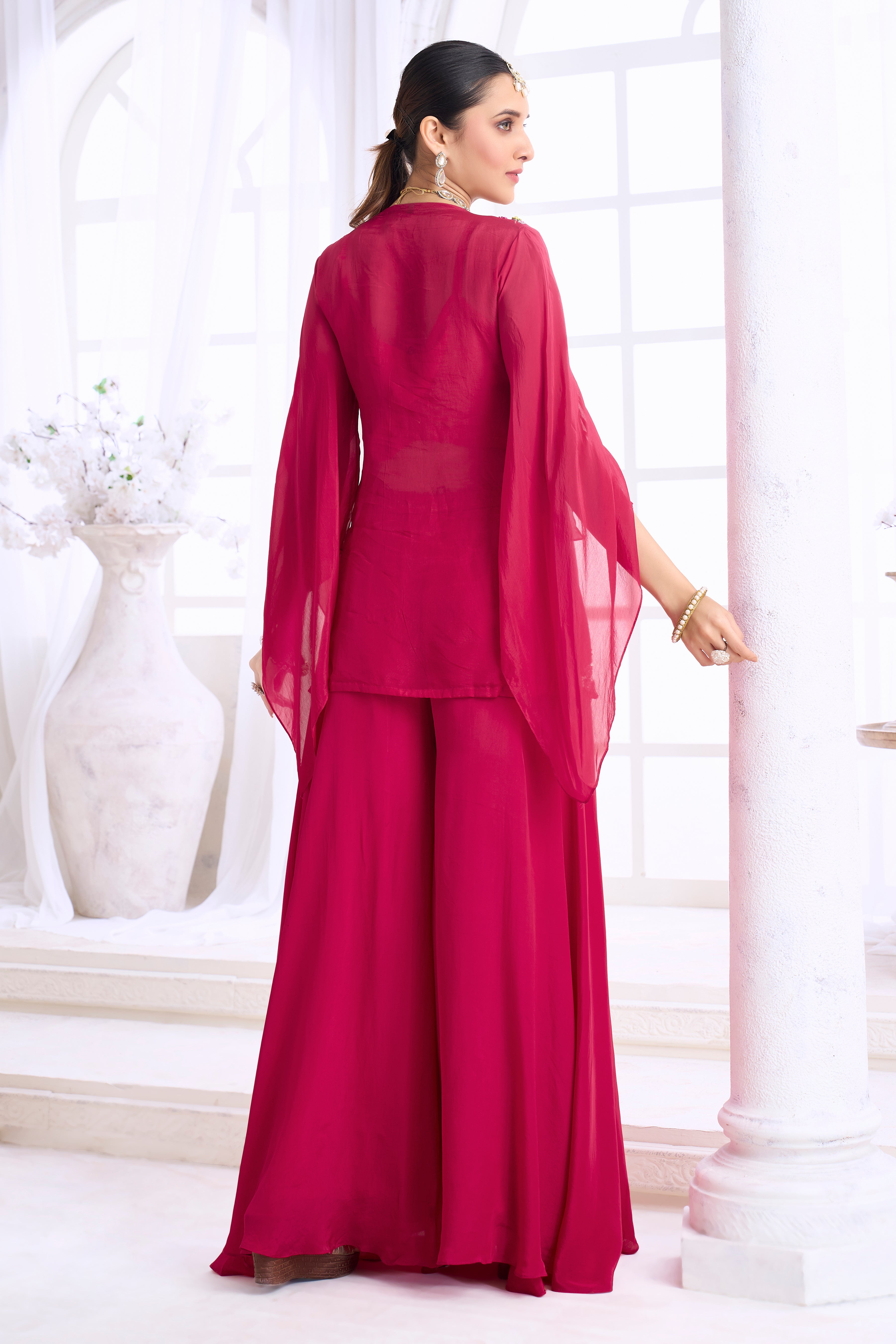 Berry Pink Embellished Organza Silk Palazzo Set