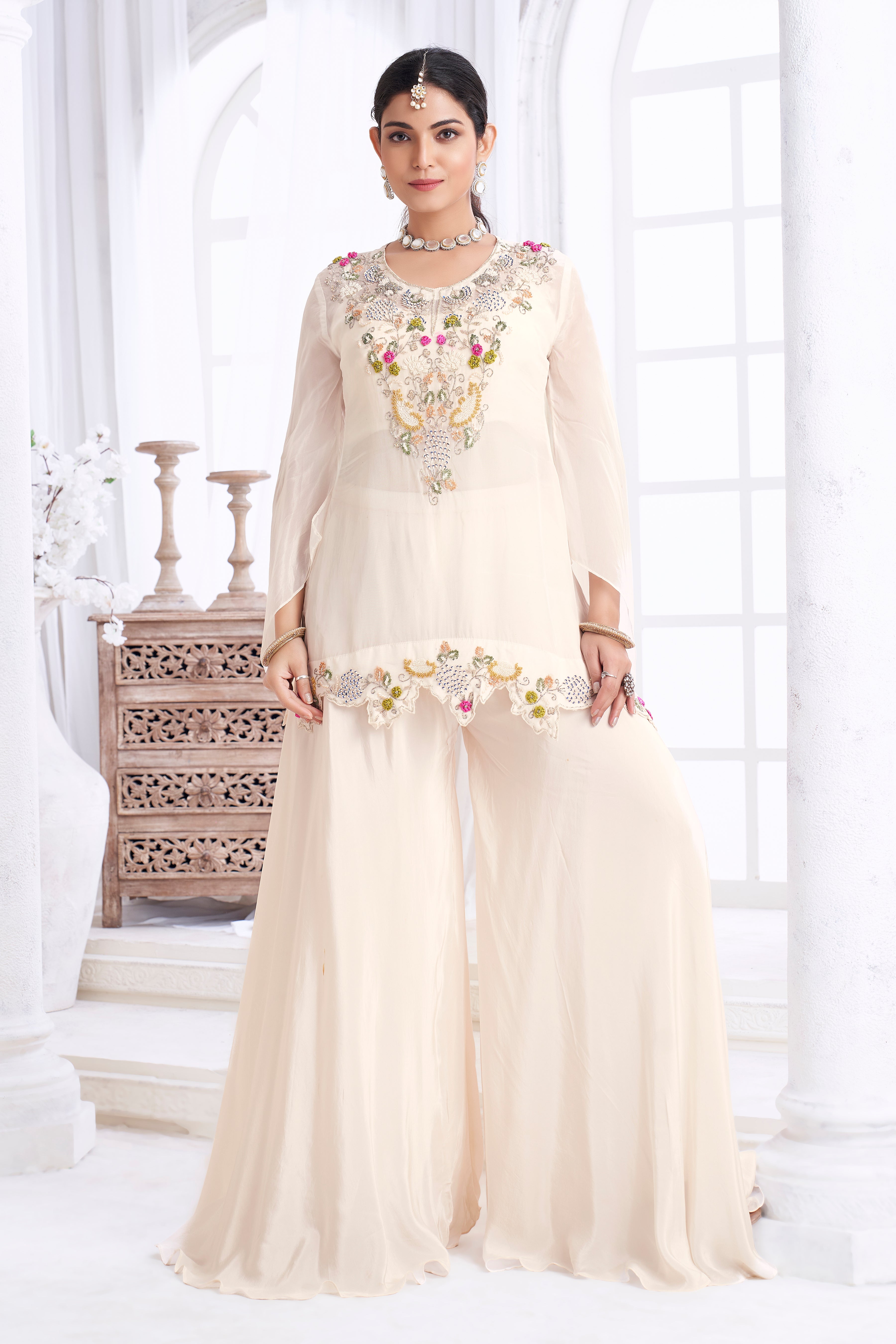 Ivory Embellished Organza Silk Palazzo Set