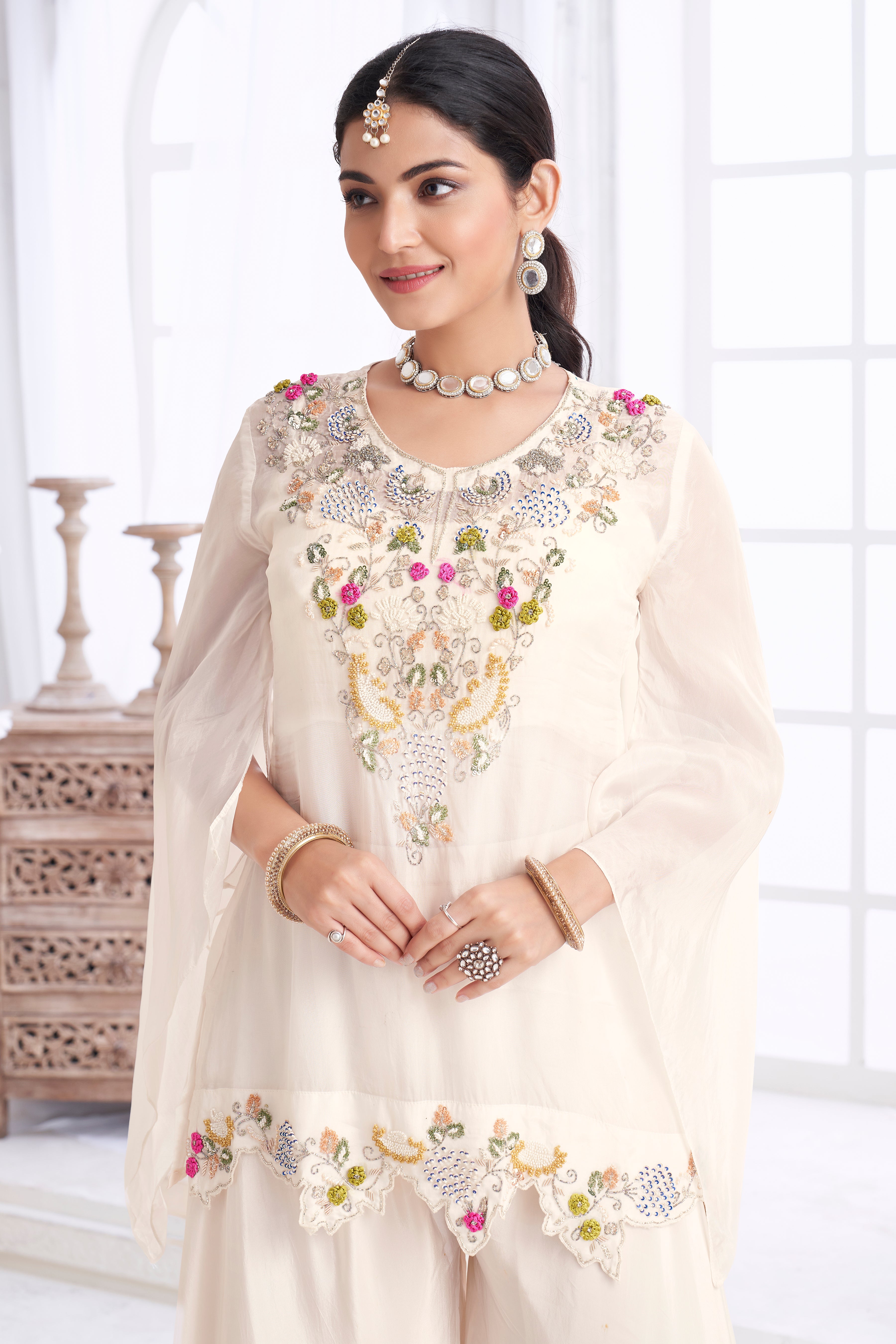 Ivory Embellished Organza Silk Palazzo Set