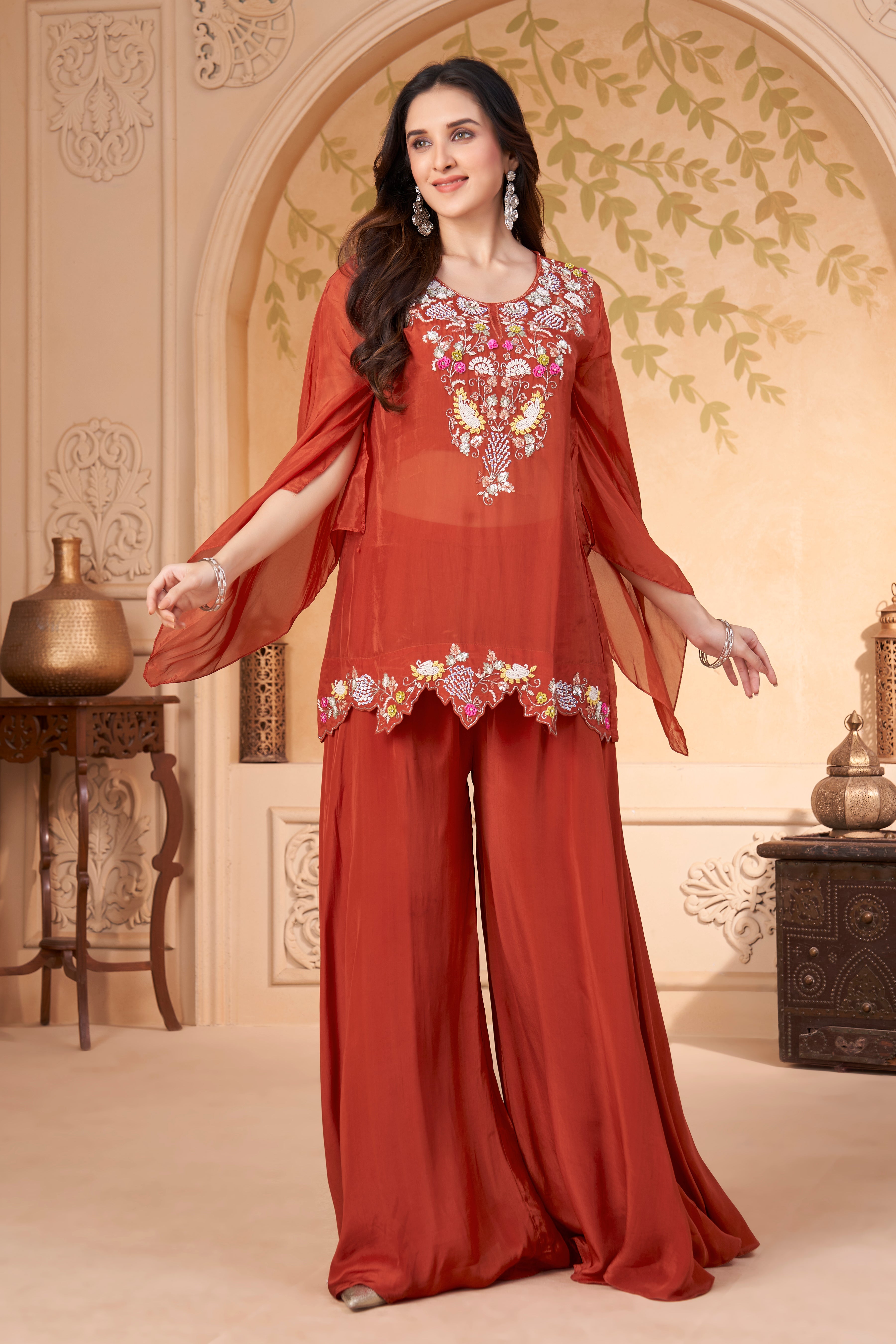 Rust Embellished Organza Silk Palazzo Set