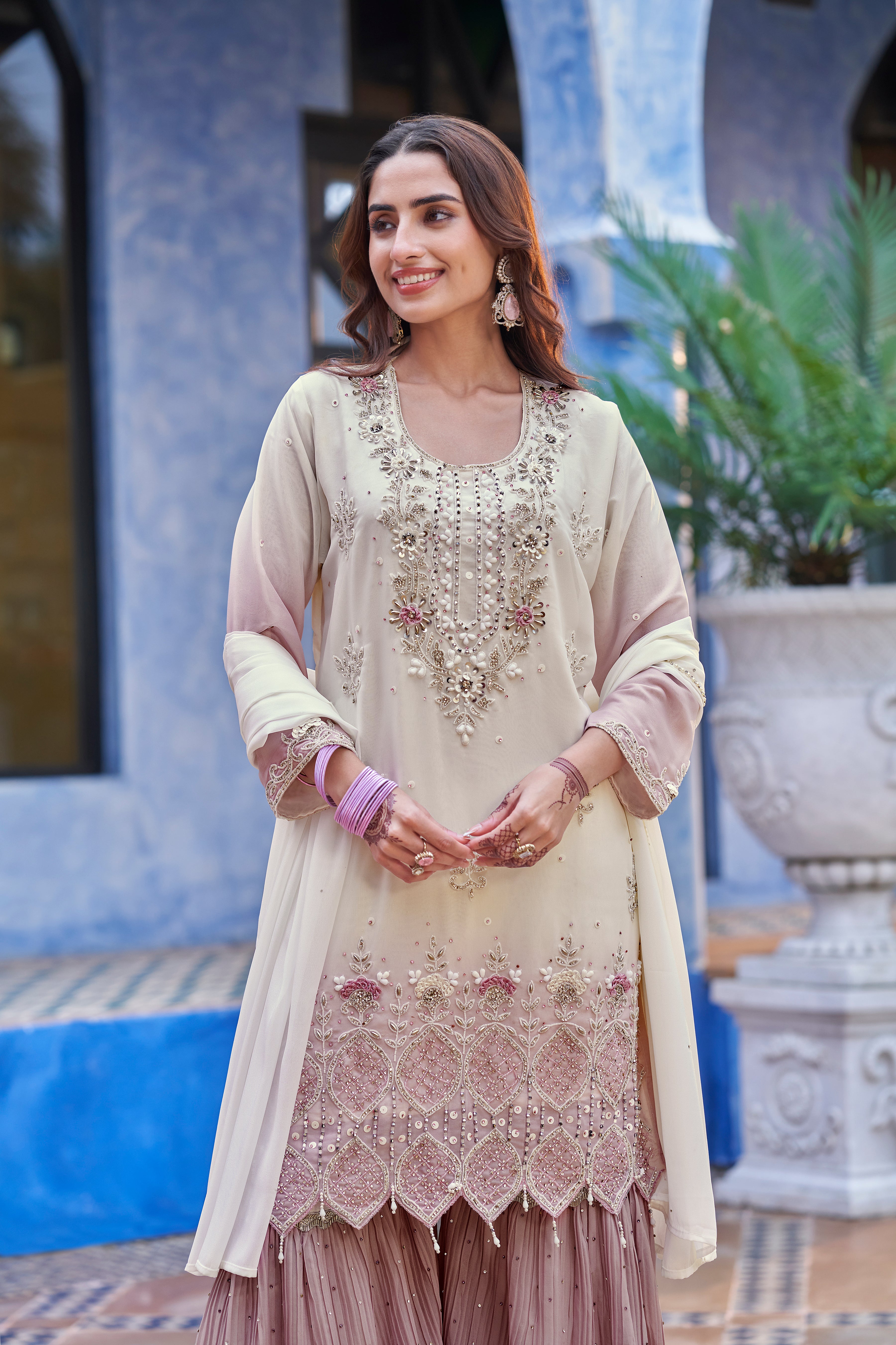 Light Mauve Embellished Shimmer Tissue Sharara Set
