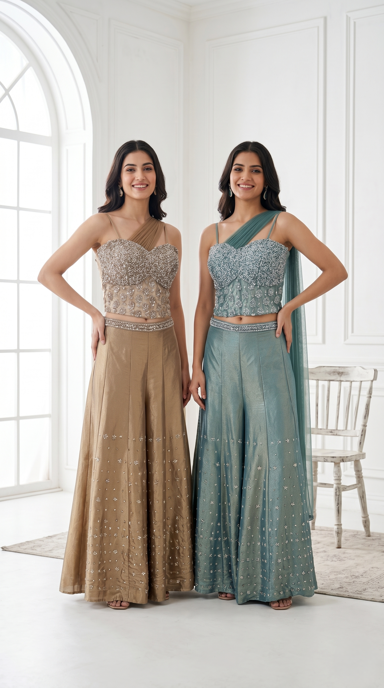 Sage Blue Embellished Tissue Silk Palazzo Set