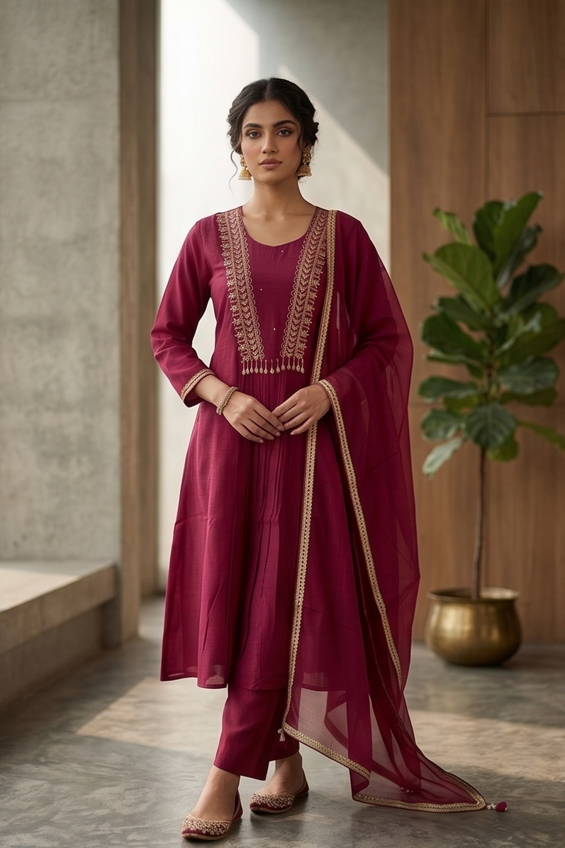 Mulberry Pink Mul Chanderi Silk Suit Set