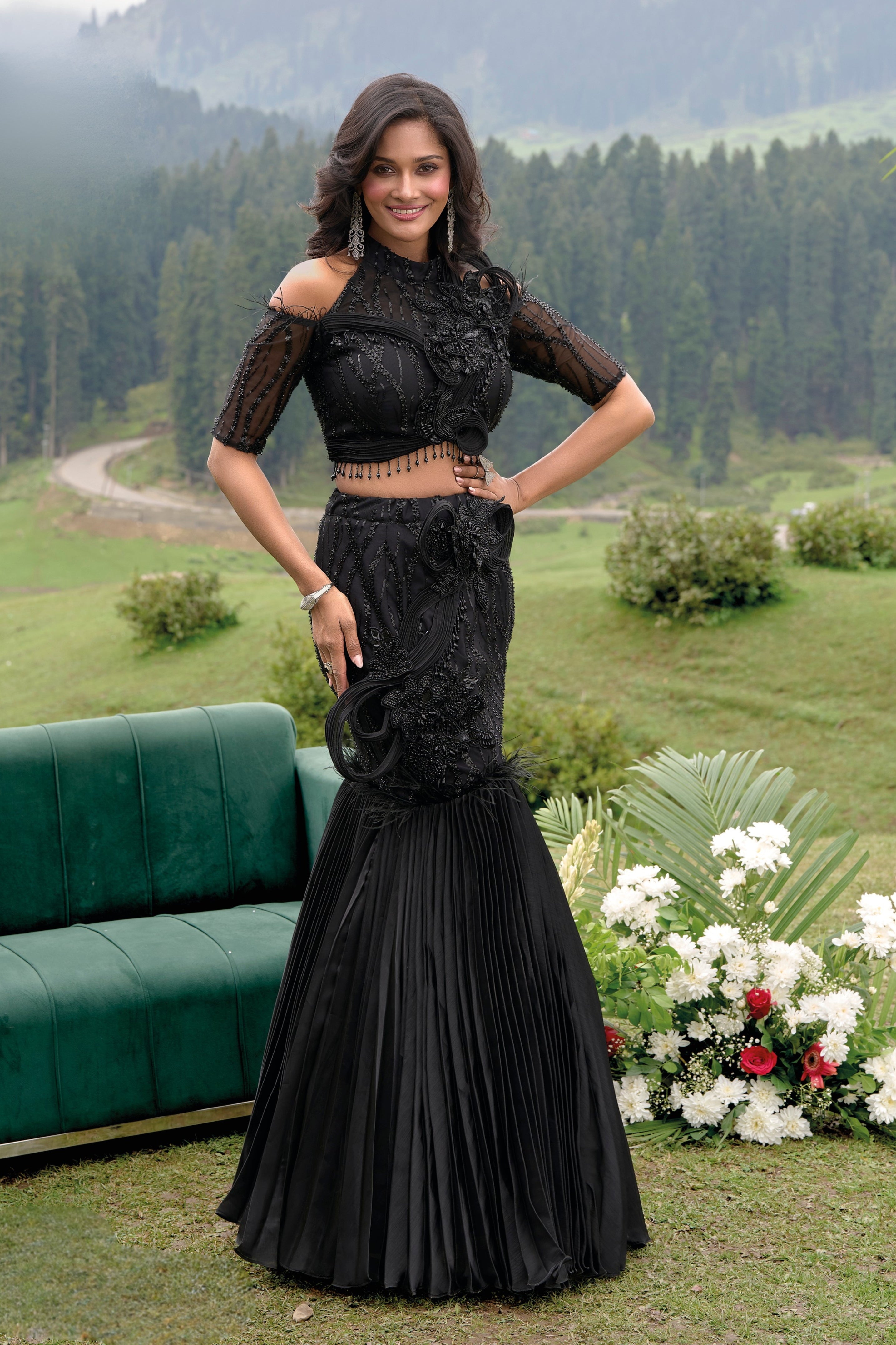 Black Embellished Premium Net Crop Top & Skirt Set