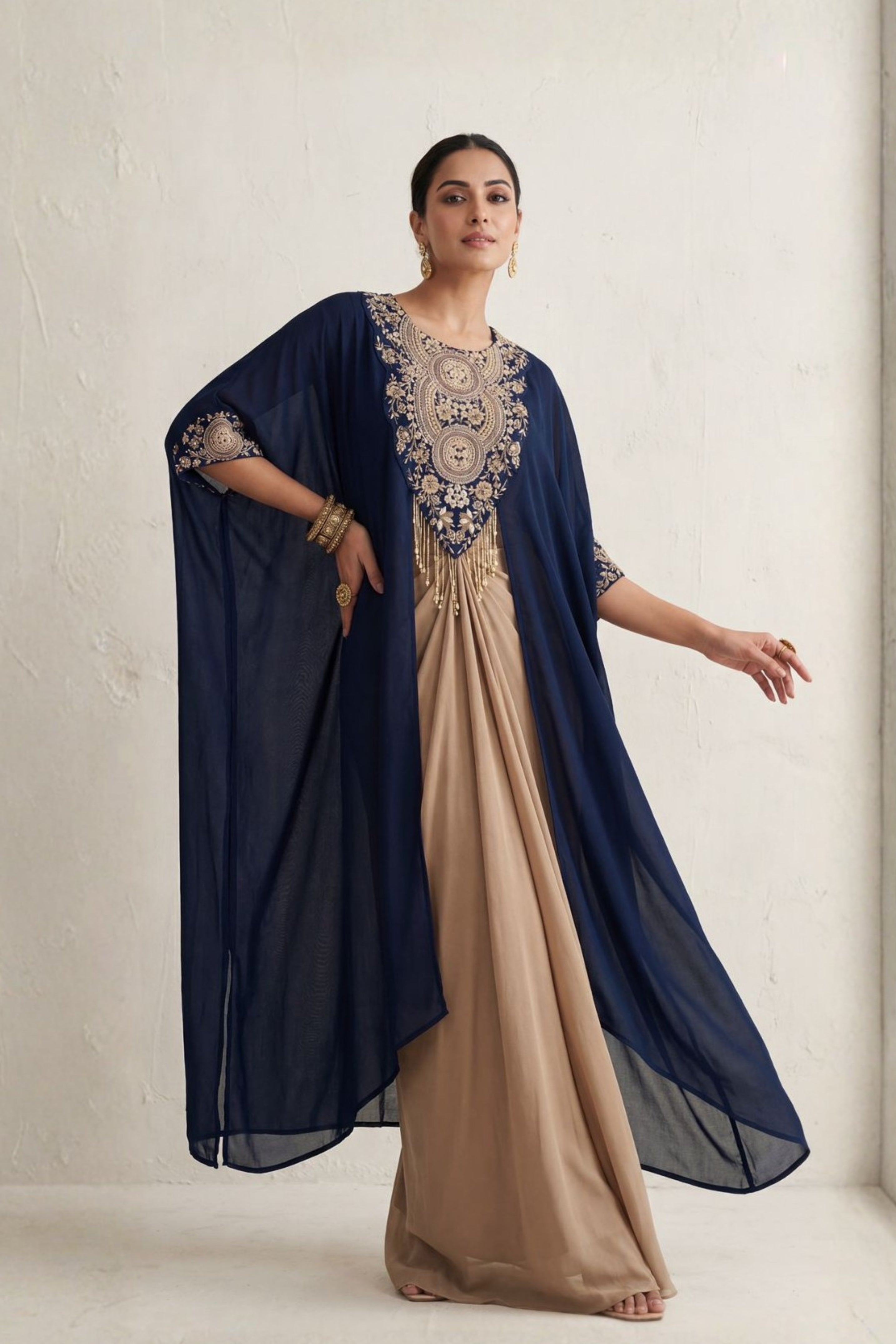 Navy & Sand Embellished Satin Silk Drape Skirt Set