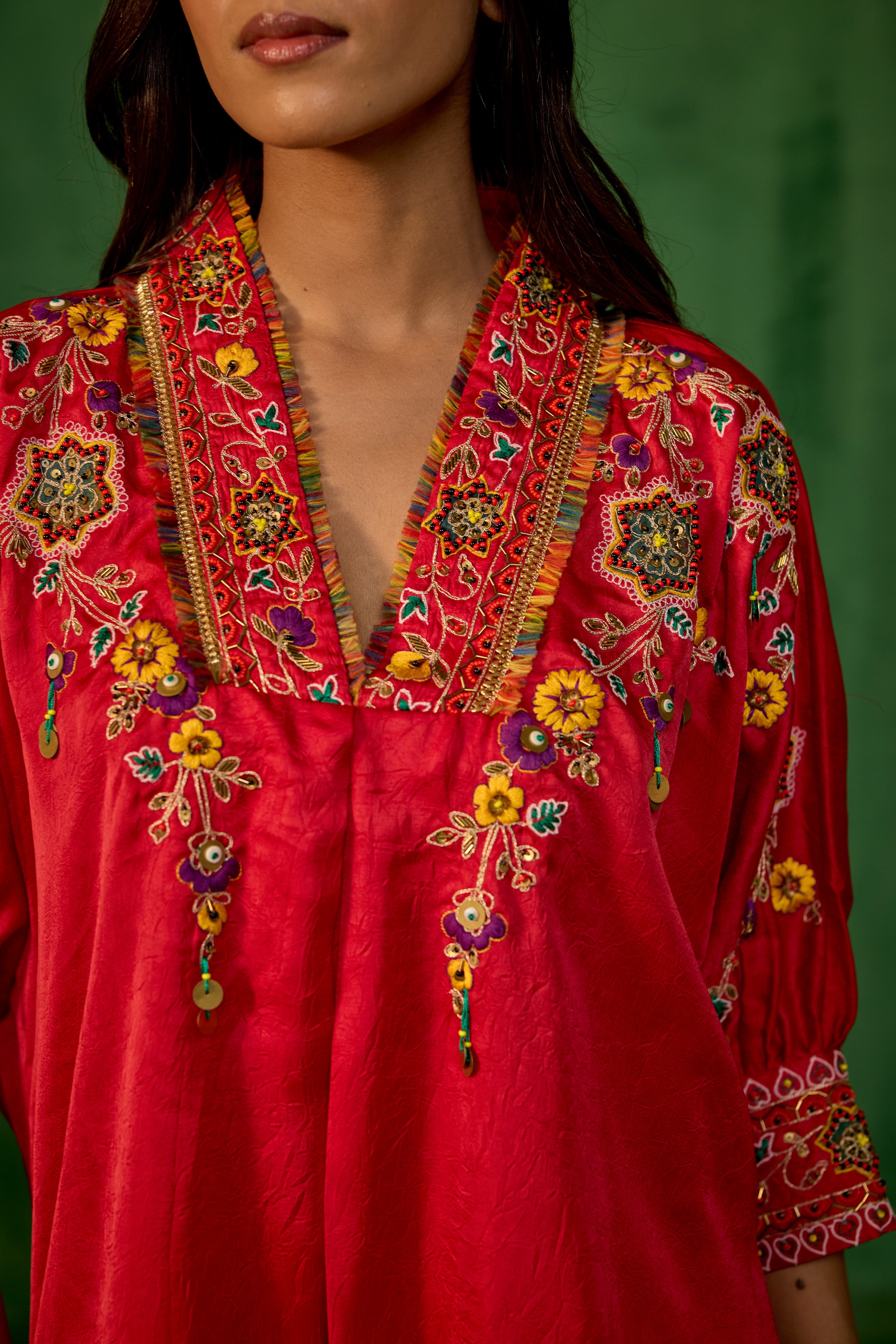 Premium Red Embroidered Crushed Silk Co-Ord Set