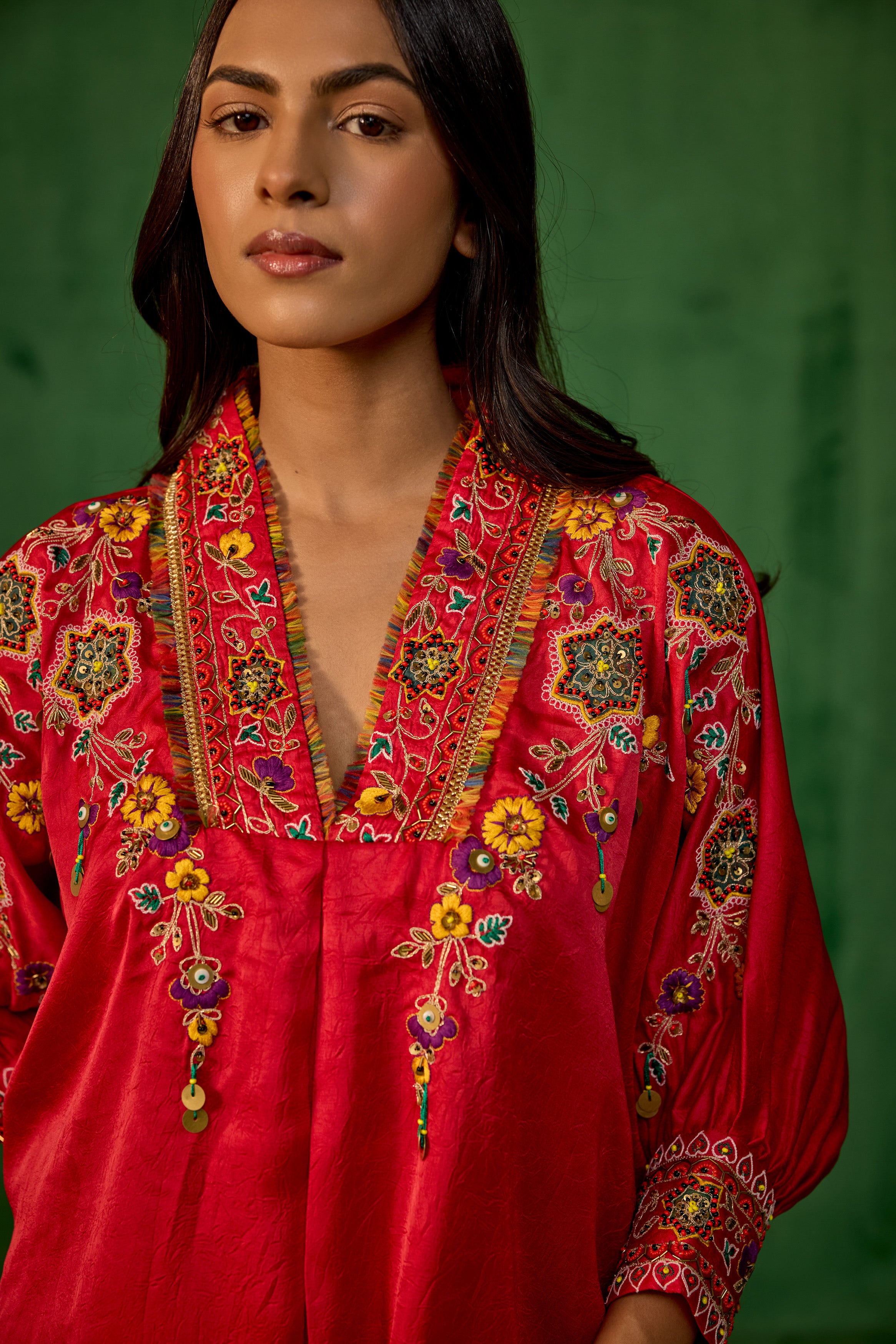 Premium Red Embroidered Crushed Silk Co-Ord Set