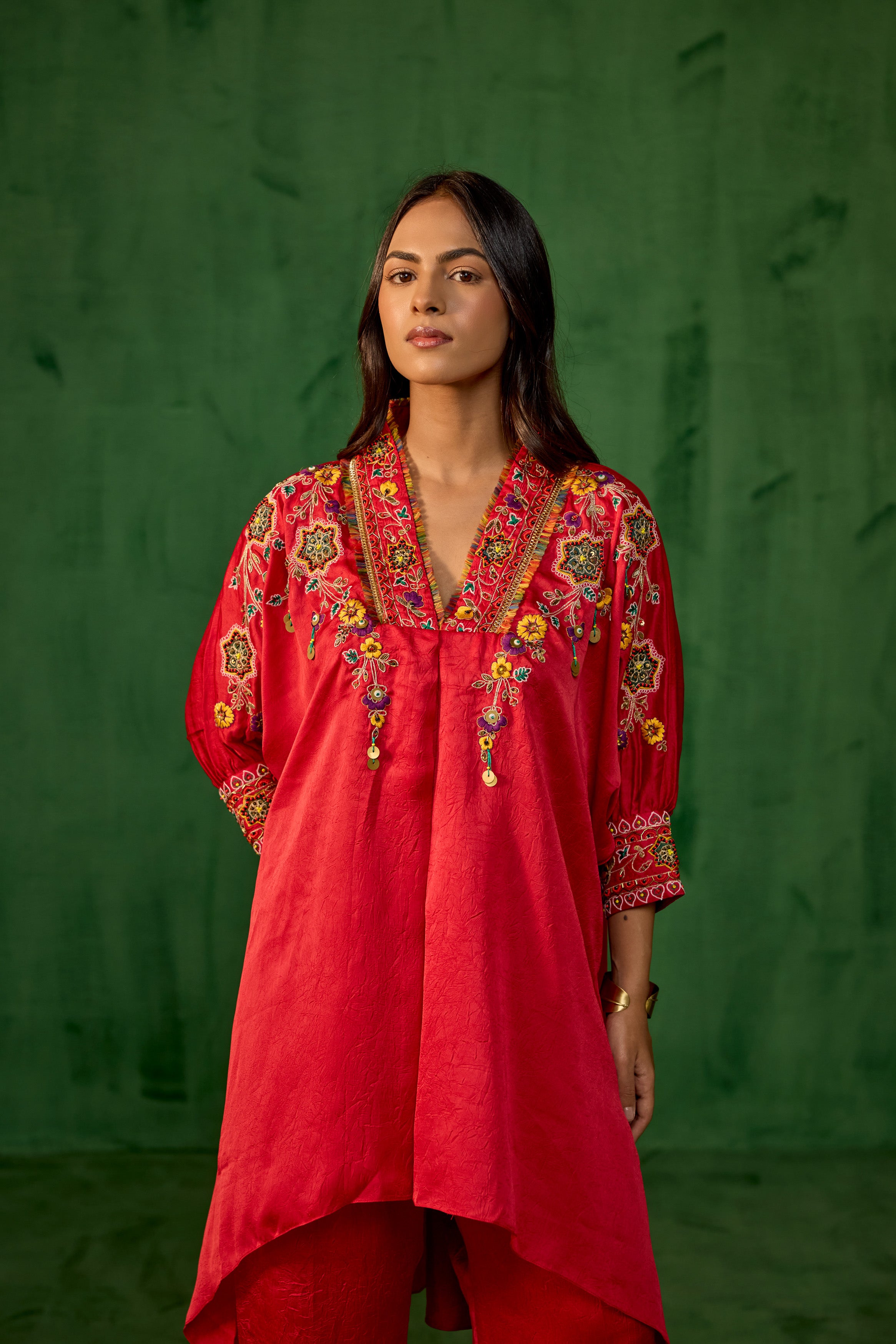 Premium Red Embroidered Crushed Silk Co-Ord Set