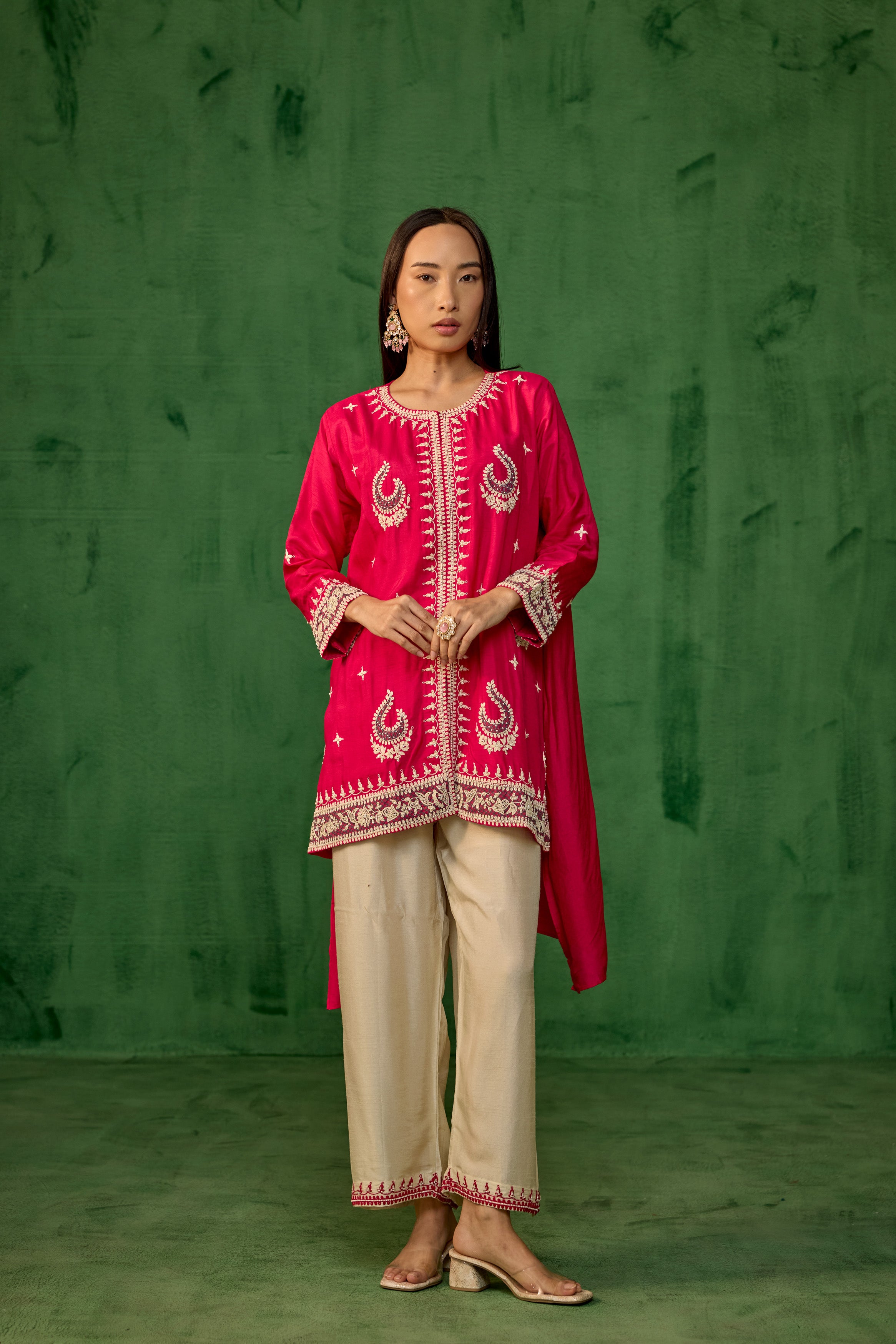 Magenta Pink Embellished Raw Silk Palazzo Set
