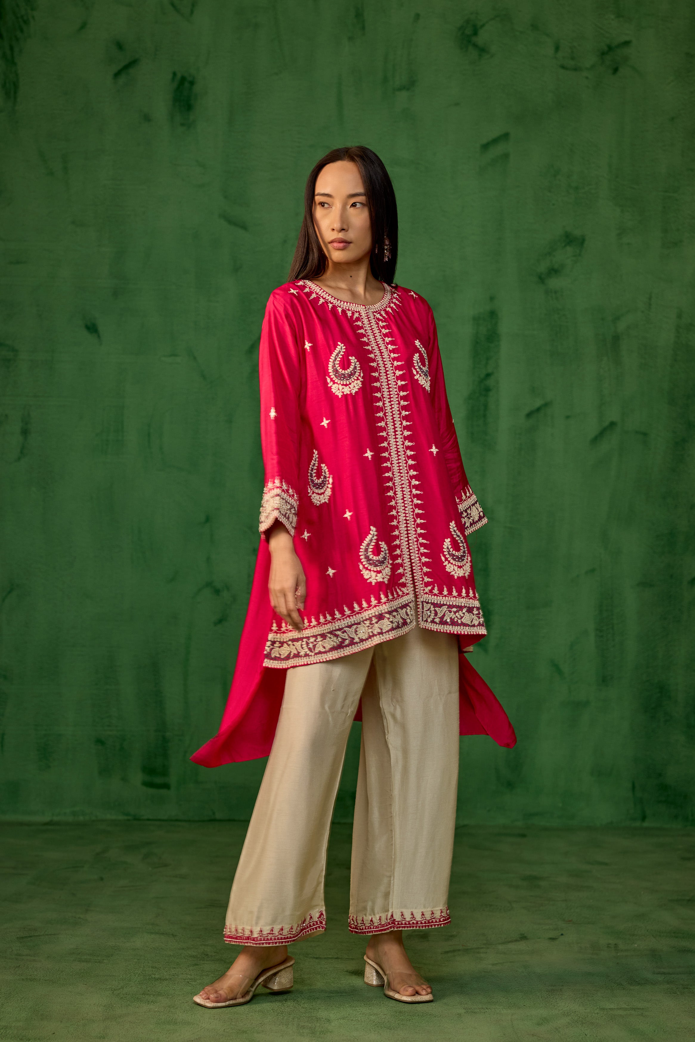 Magenta Pink Embellished Raw Silk Palazzo Set
