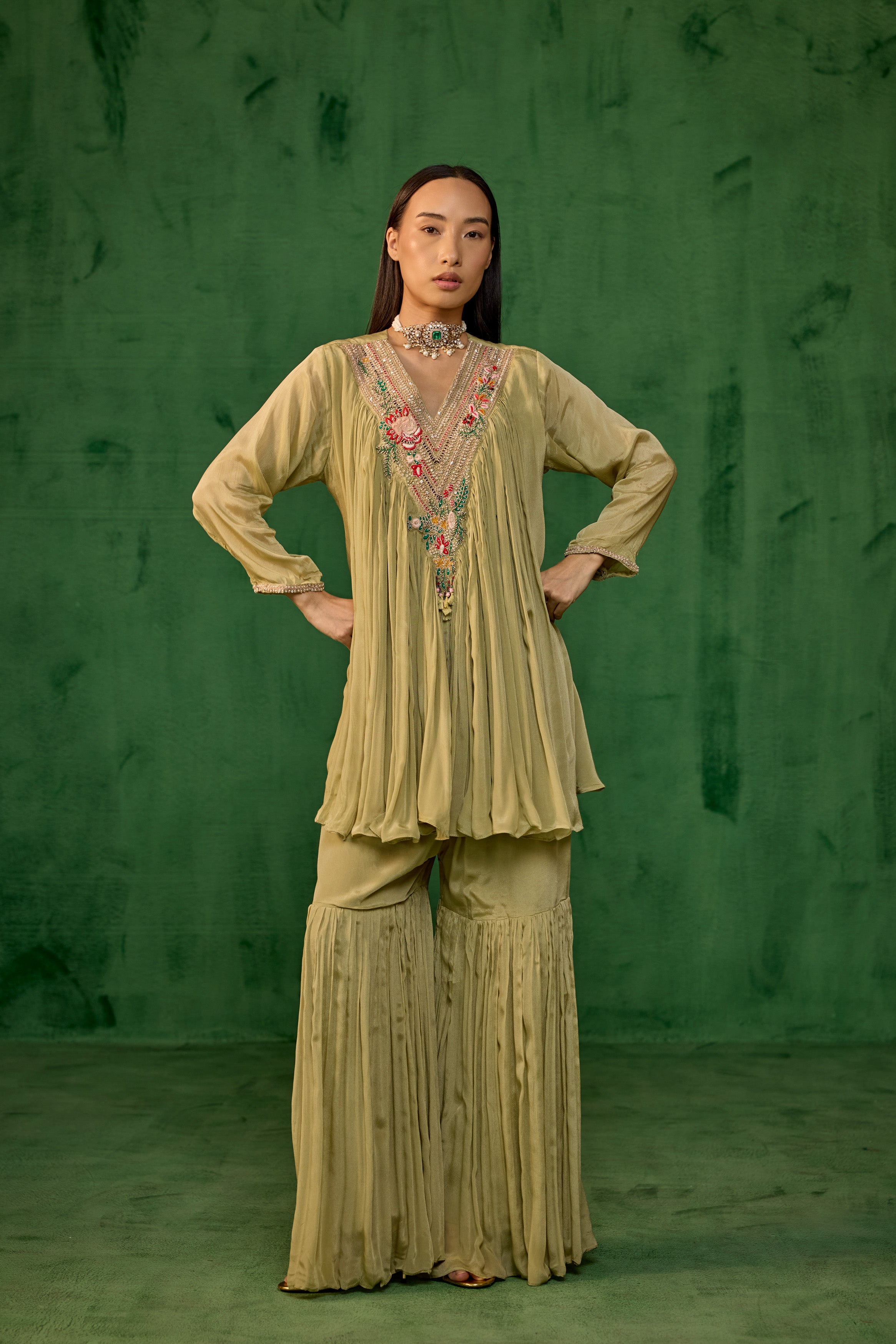 Sage Green Embellished Chinon Silk Sharara Set