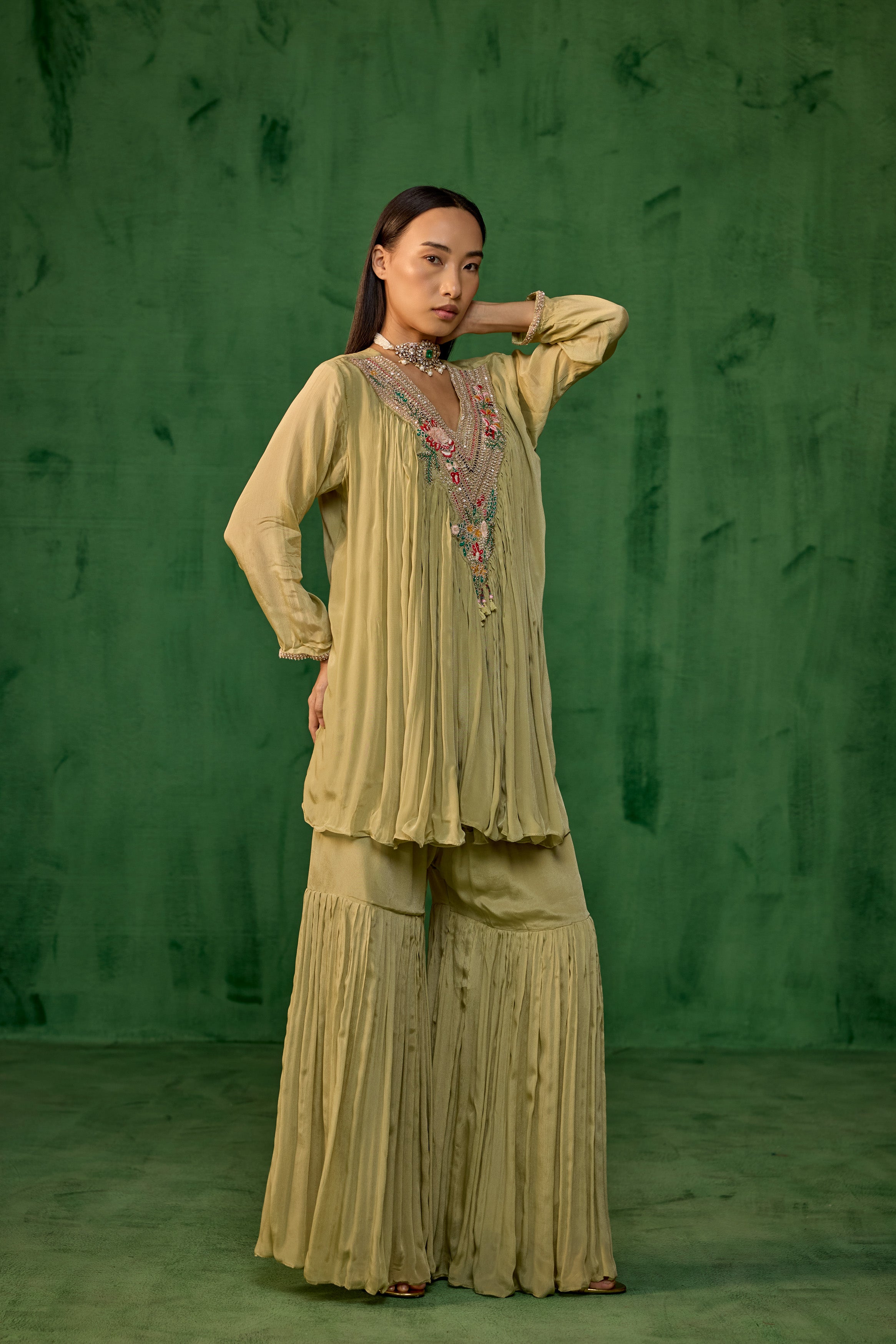 Sage Green Embellished Chinon Silk Sharara Set