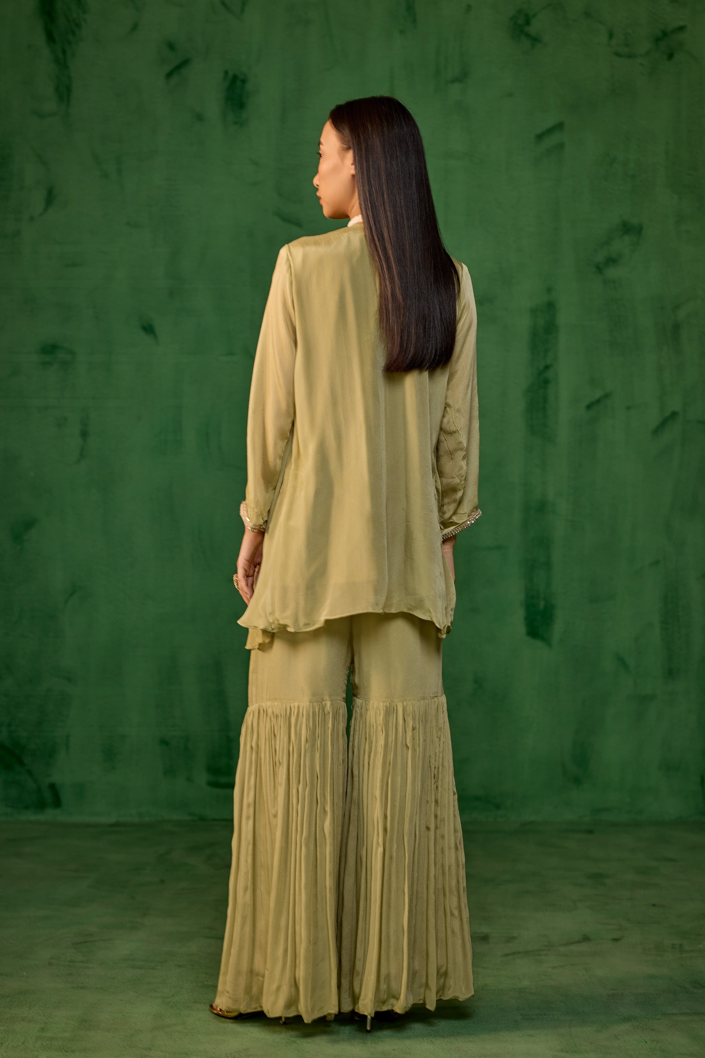Sage Green Embellished Chinon Silk Sharara Set
