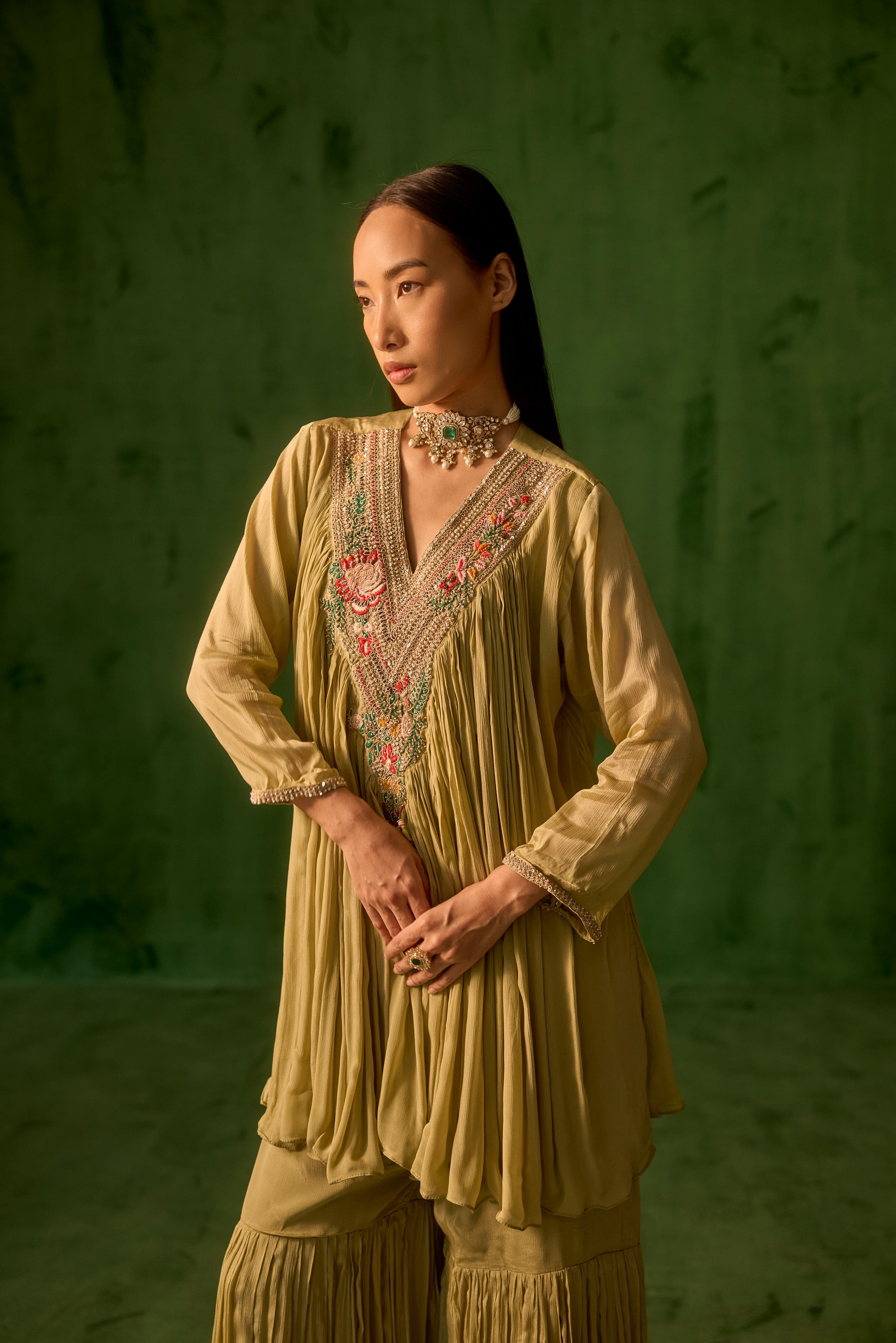 Sage Green Embellished Chinon Silk Sharara Set