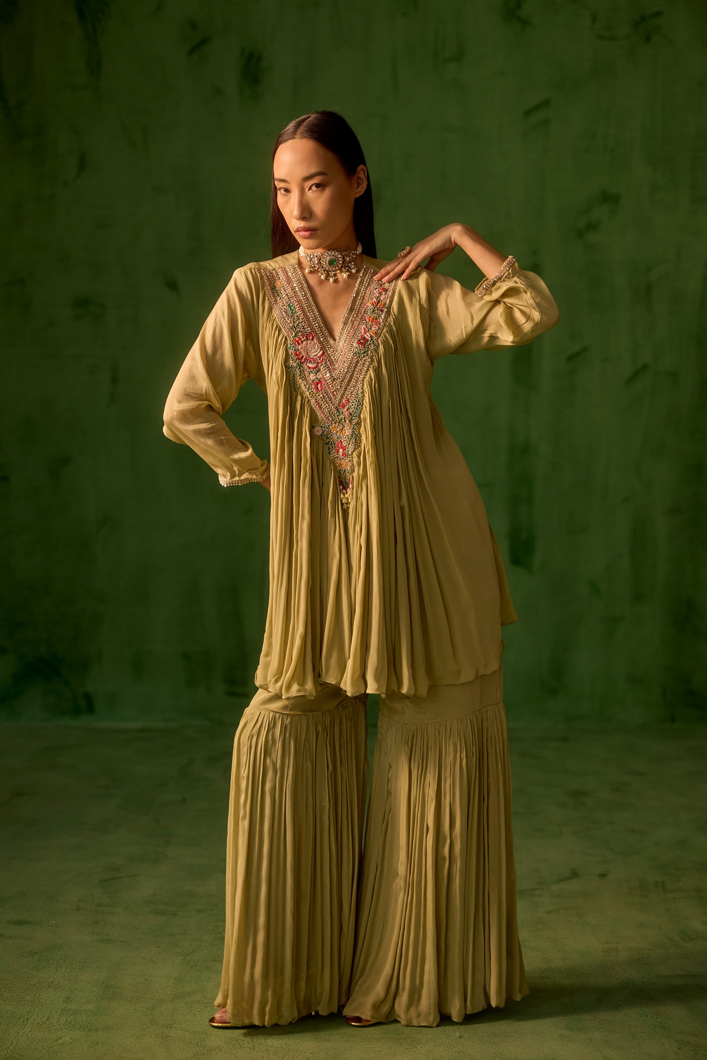 Sage Green Embellished Chinon Silk Sharara Set