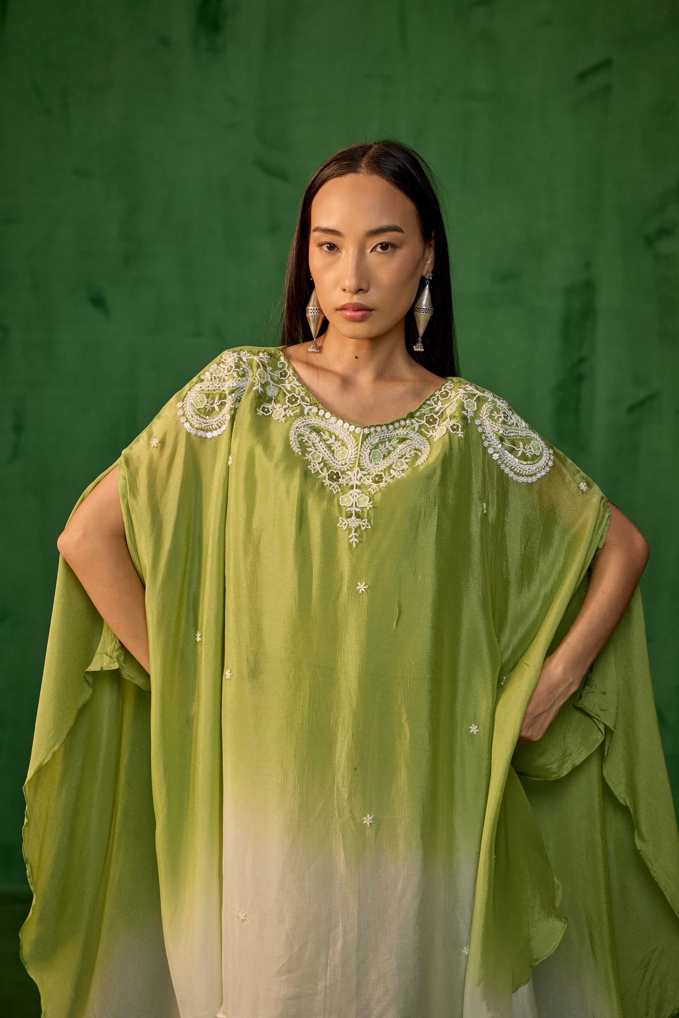 Ombre Green Embroidered Chinon Silk Kaftan Set