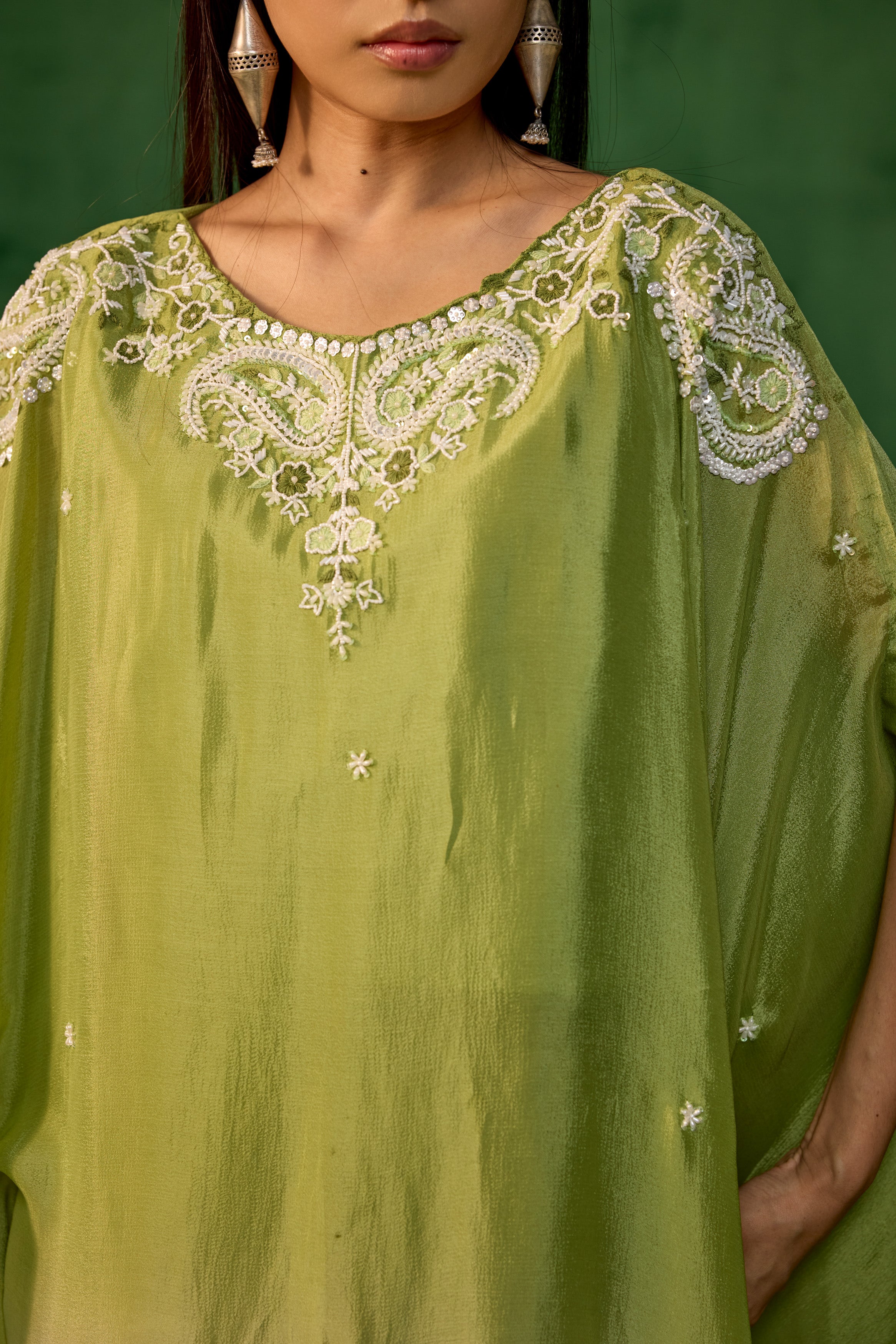 Ombre Green Embroidered Chinon Silk Kaftan Set