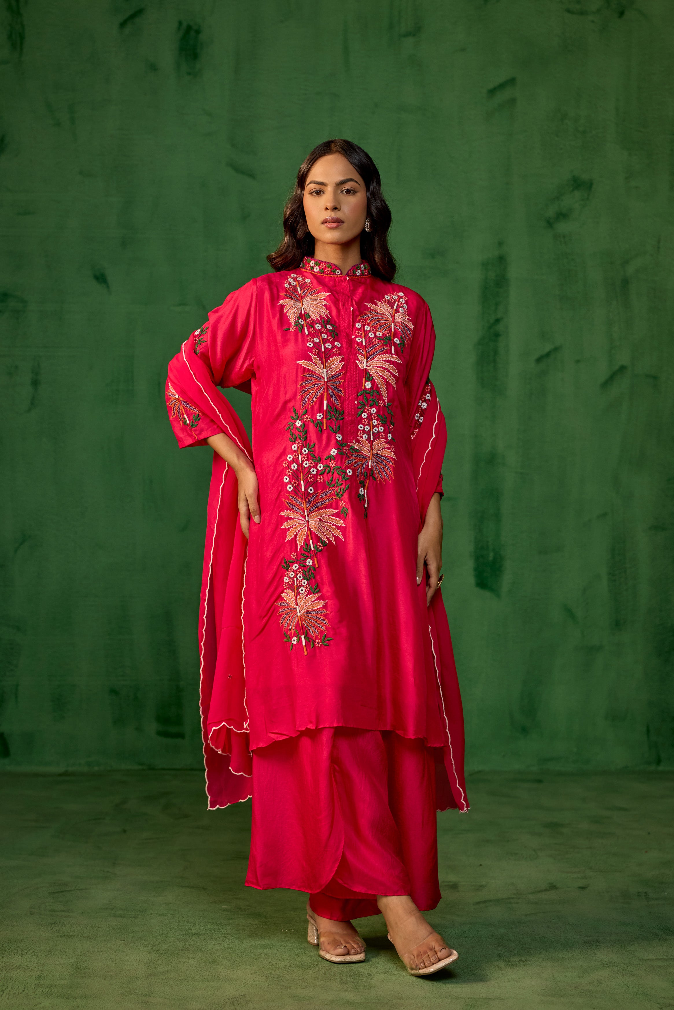 Fuchsia Pink Embroidered Raw Silk Palazzo Set