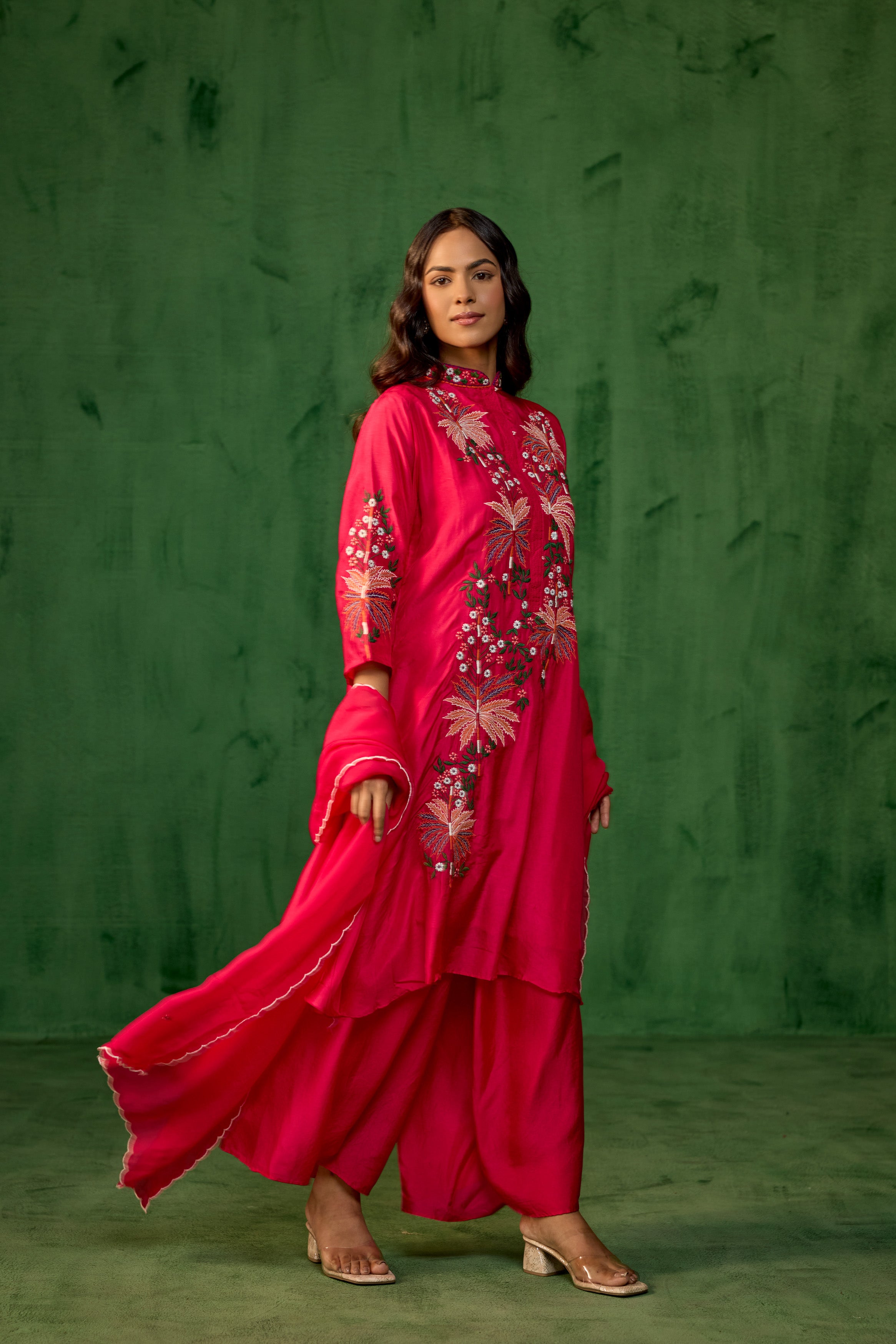 Fuchsia Pink Embroidered Raw Silk Palazzo Set