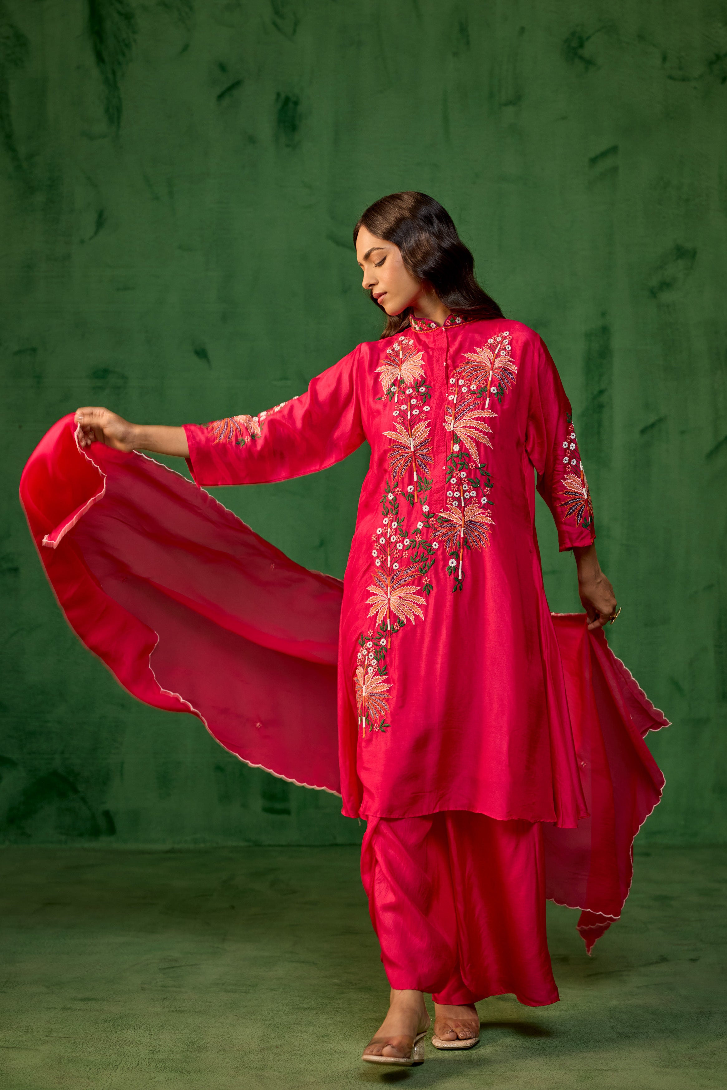 Fuchsia Pink Embroidered Raw Silk Palazzo Set