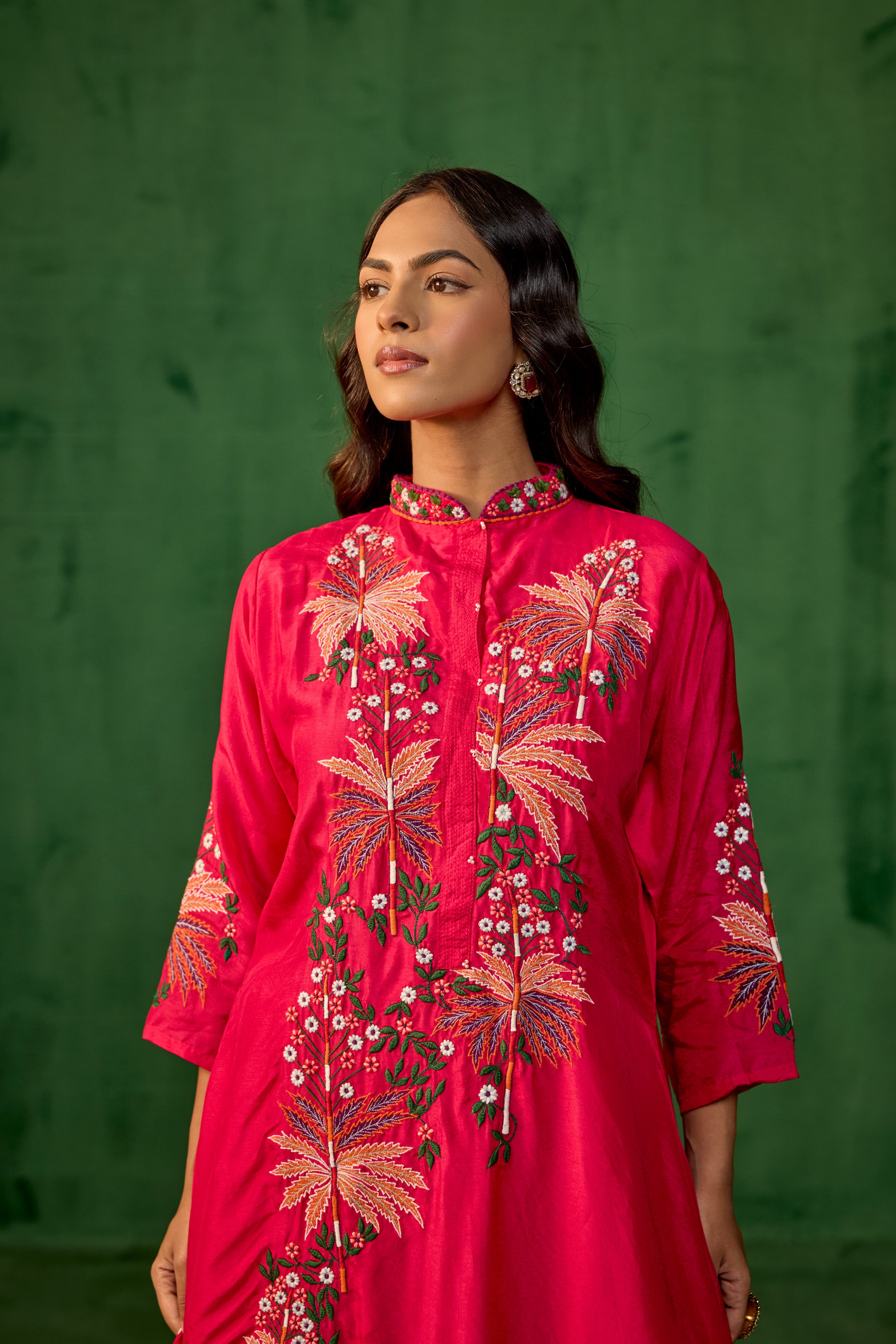 Fuchsia Pink Embroidered Raw Silk Palazzo Set