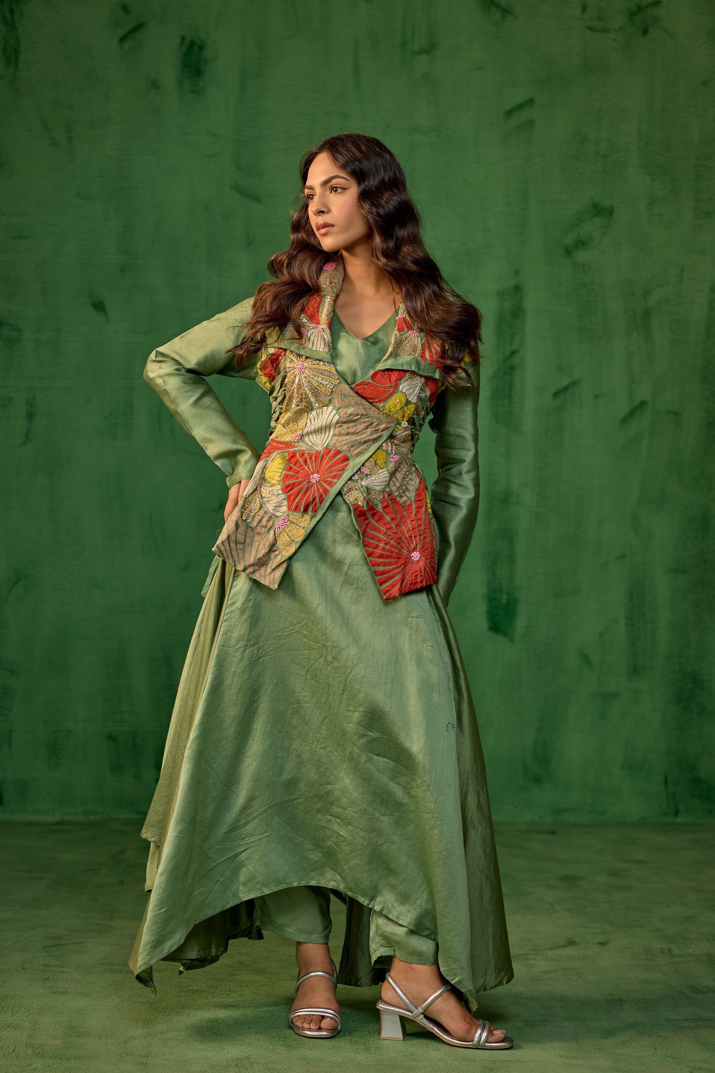 Pistachio Green Embellished Raw Silk Tunic Set