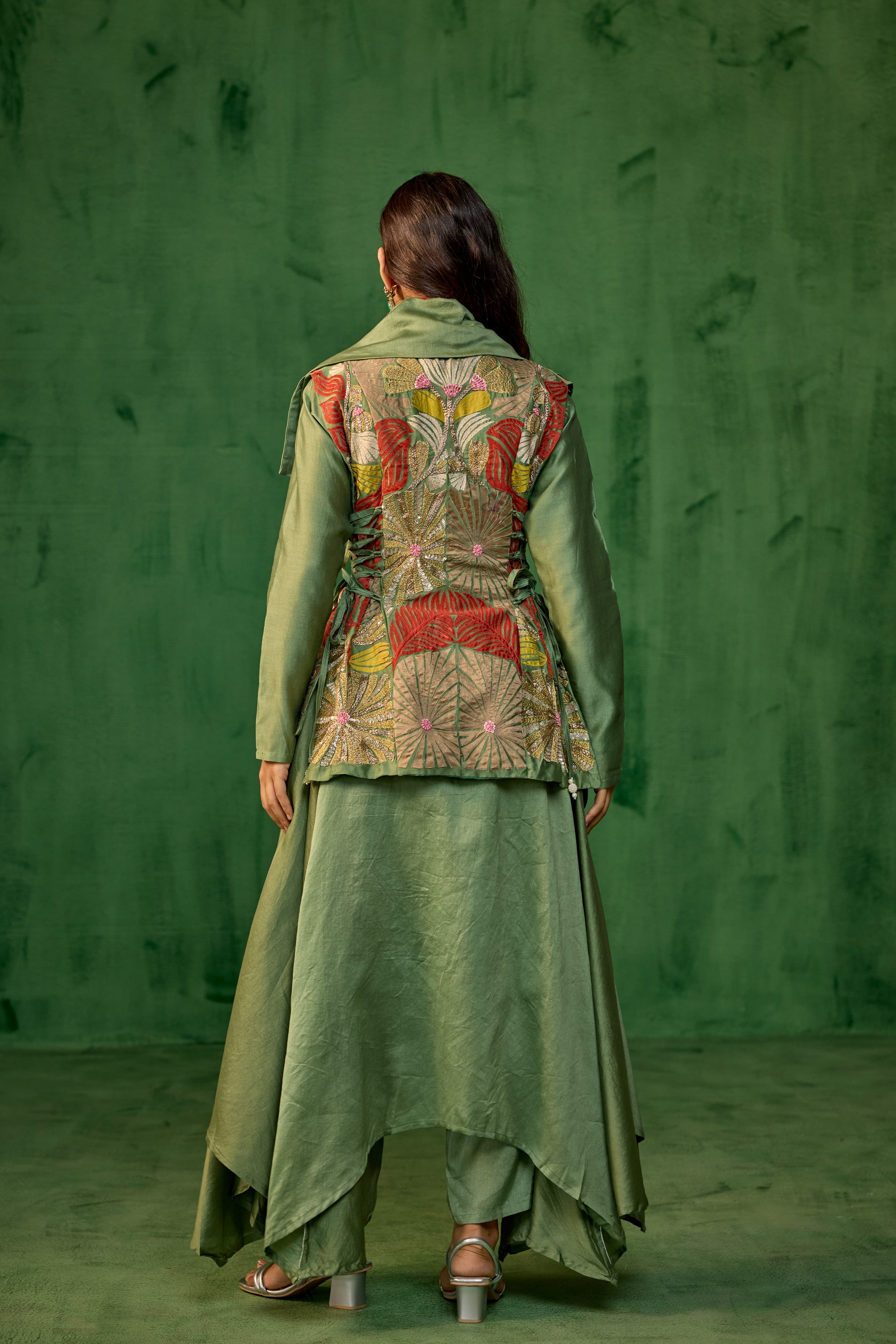 Pistachio Green Embellished Raw Silk Tunic Set
